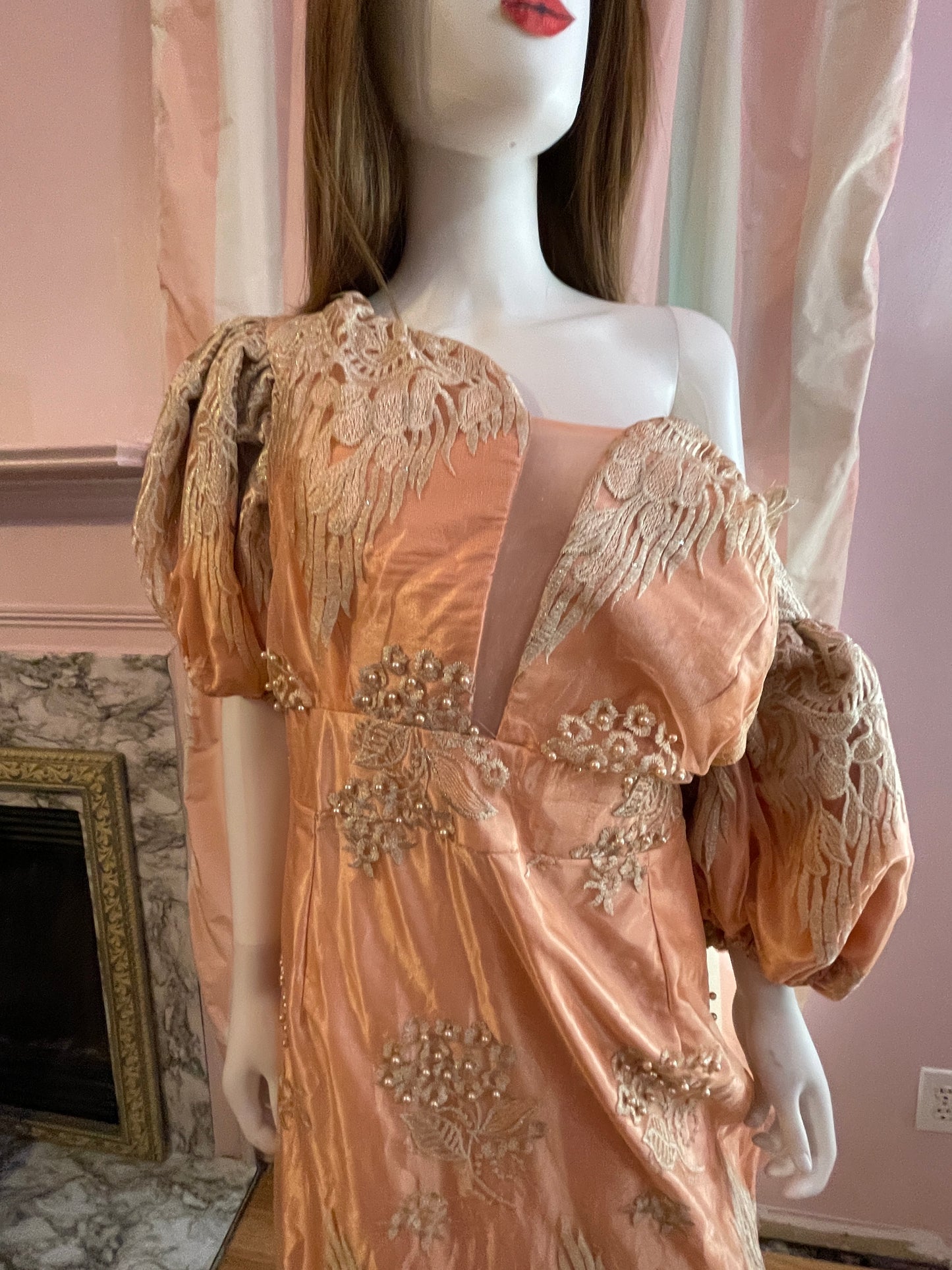 Vintage Pink Peach Satin Lace Dress Gown