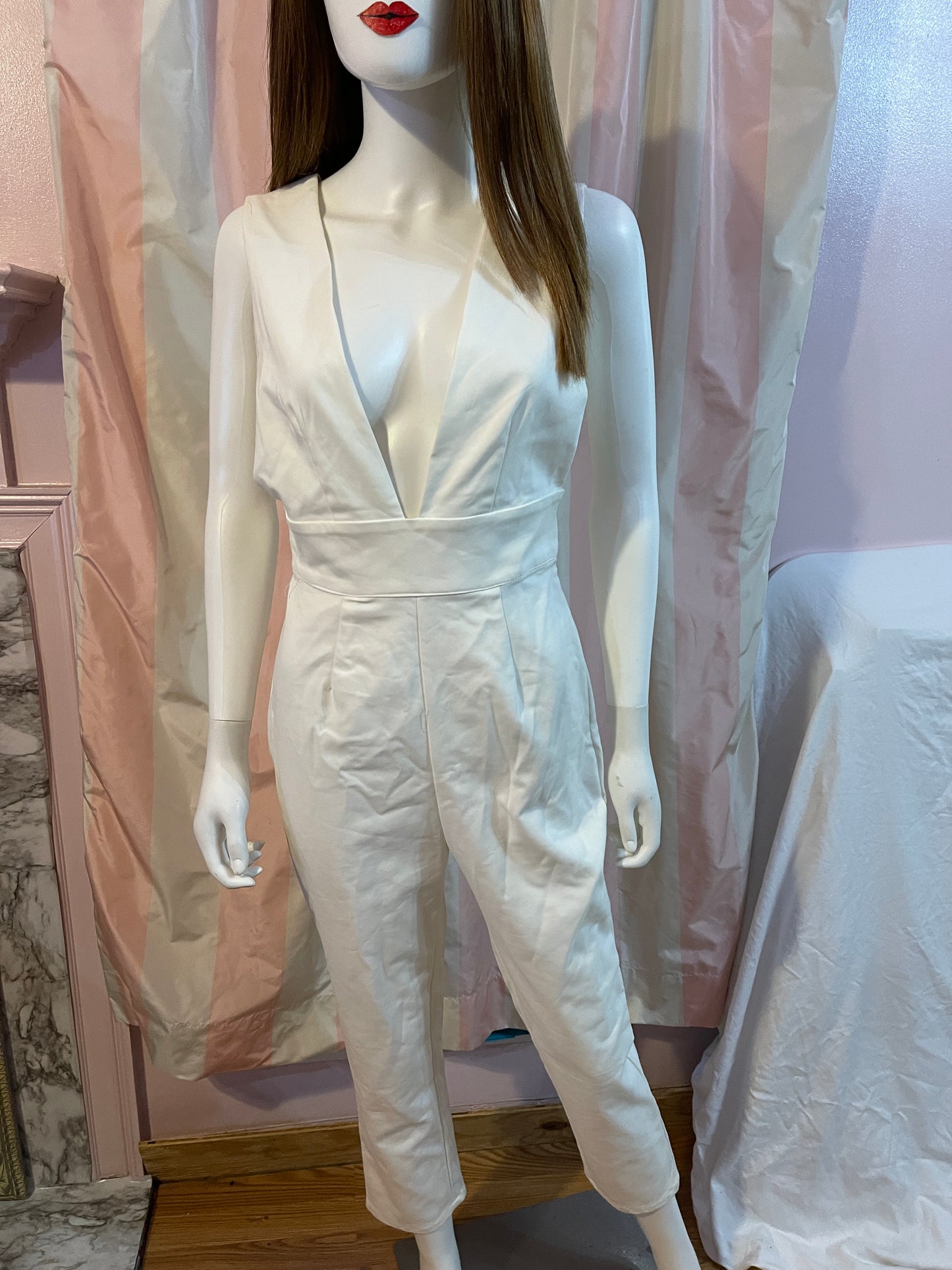 White stretch plunge jumpsuit