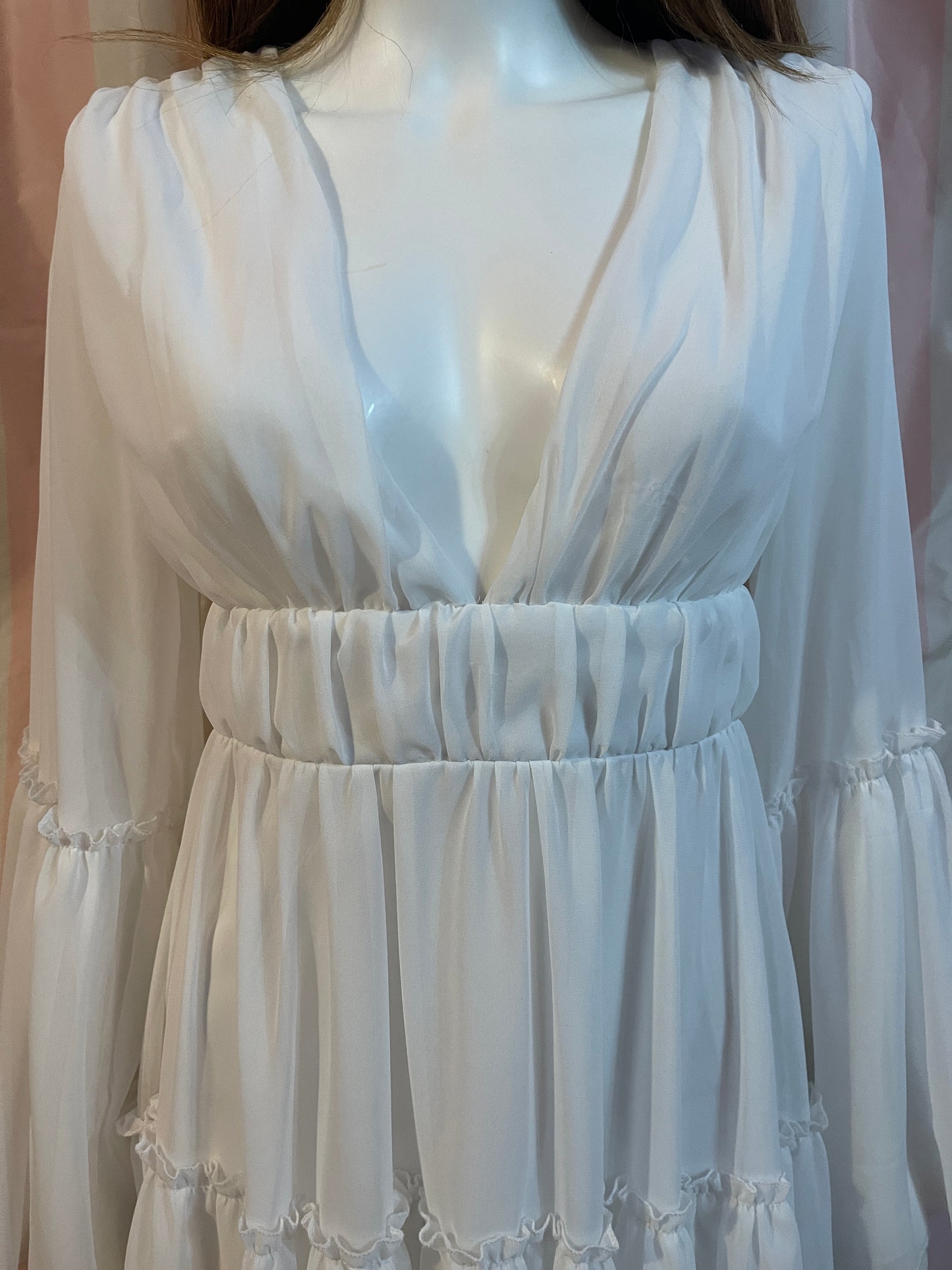 White Sheer Layered Plunge Wedding Empire Baby Doll Flounce Boho Dress