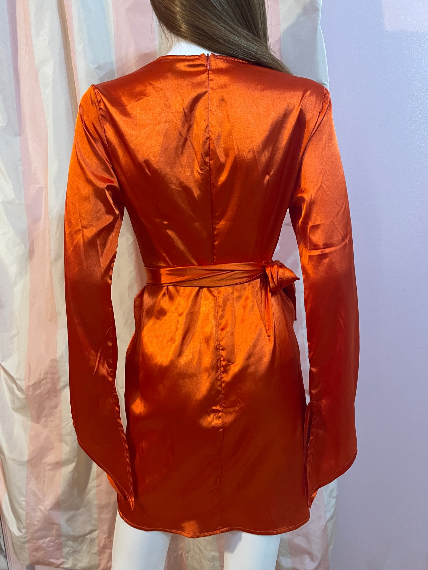 bright red orange satin wrap dress