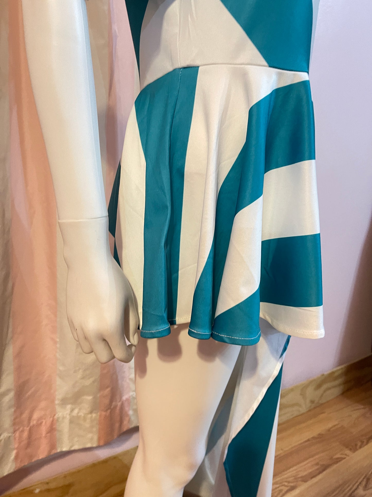 Green White Striped One Shoulder Hi lo open skirt peplum dress