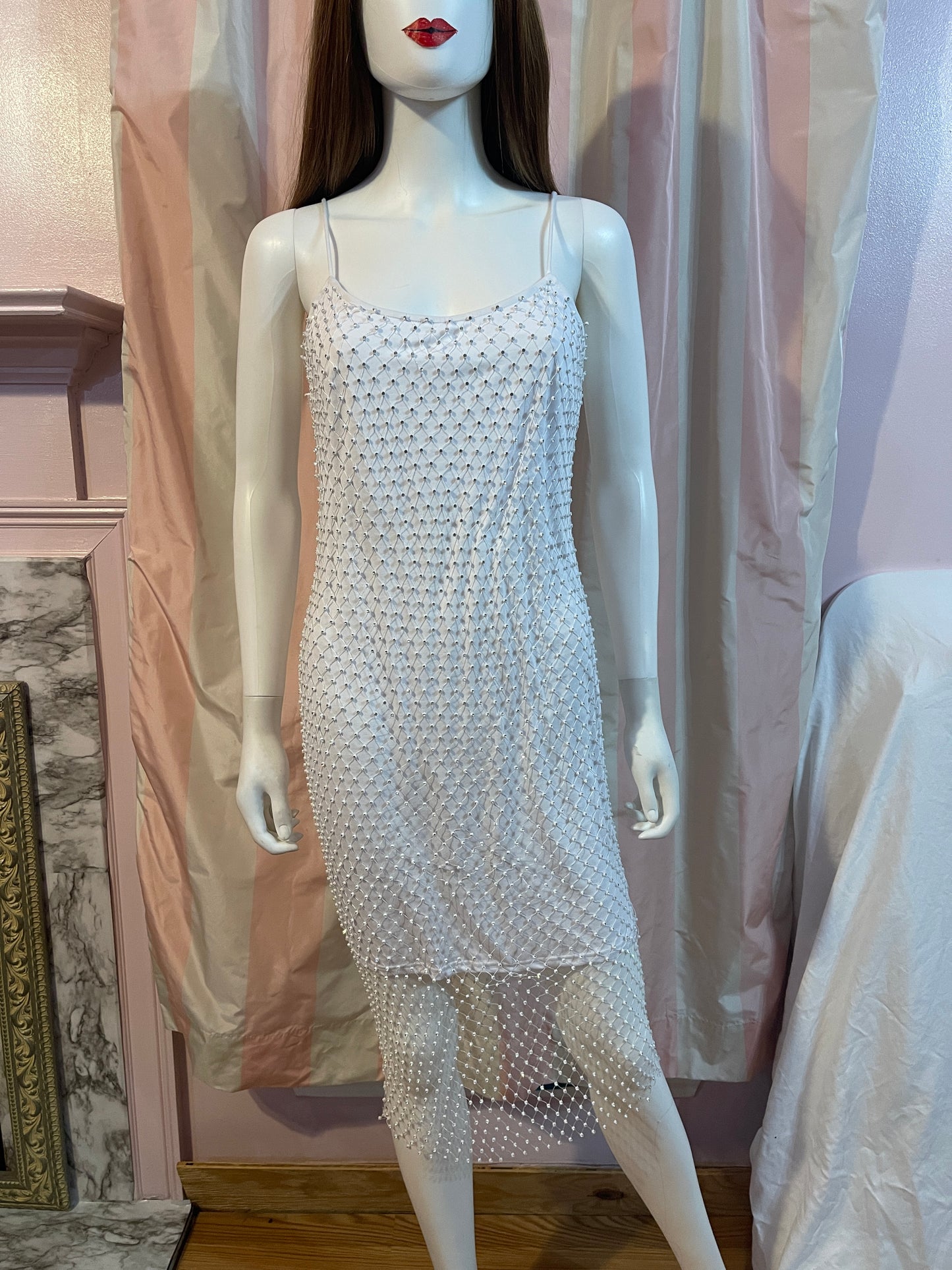 White Rhinestone Stretch Wedding Fishnet Dress