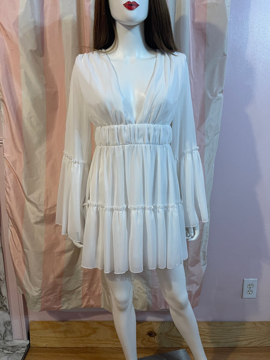 White Sheer Layered Plunge Wedding Empire Baby Doll Flounce Boho Dress