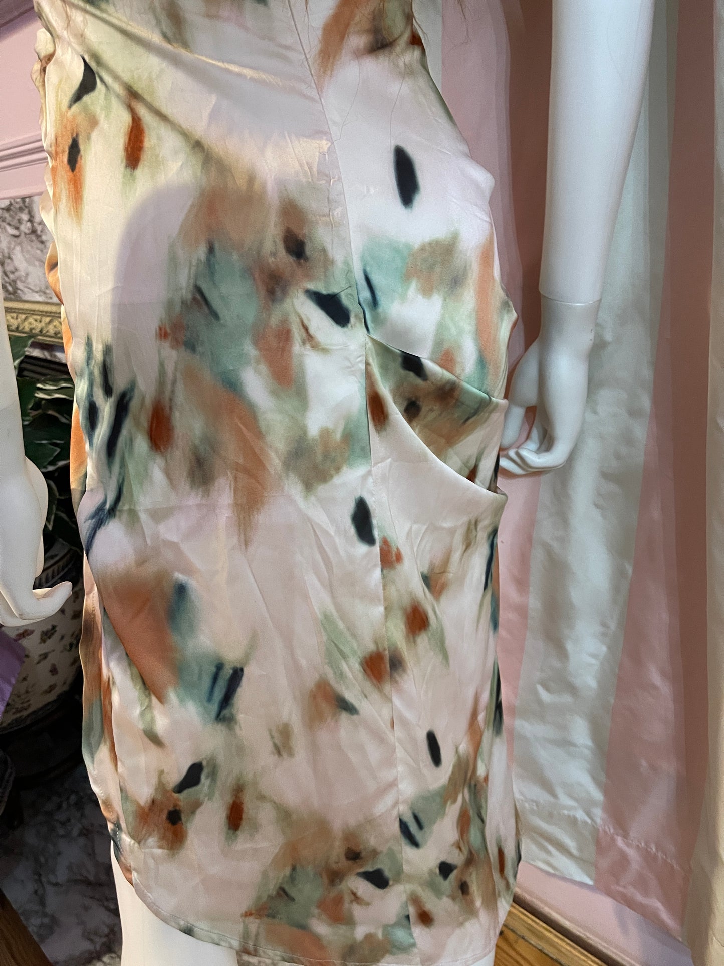 Silky Beige Tan Abstract Stretch Dress