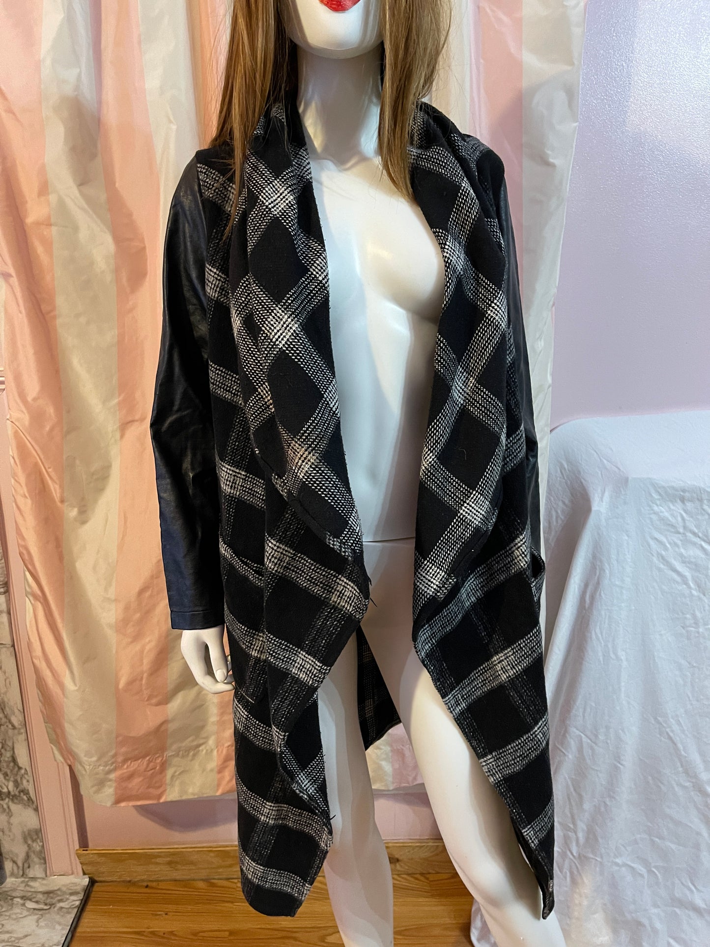 Black Gray Plaid Leather Wrap Coat