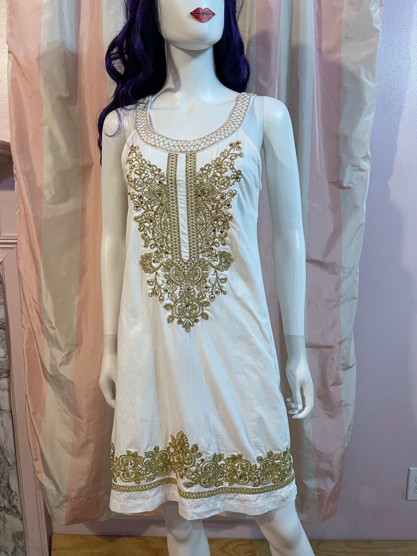 White Gold Embroidered Cotton Sheath Dress