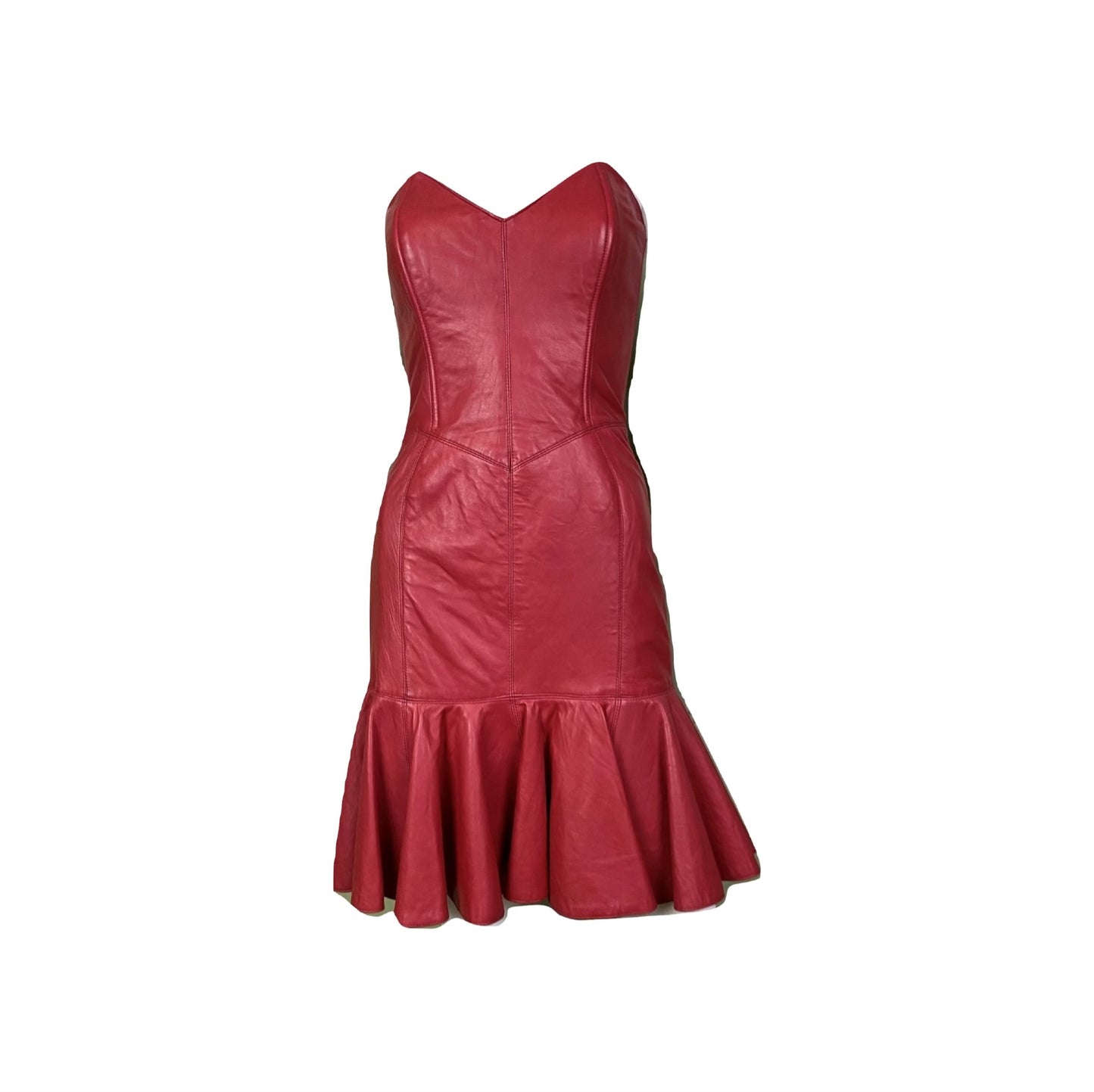 [SOLD] Vintage Michael Hoban Red Leather Bustier Ruffle Mini Dress