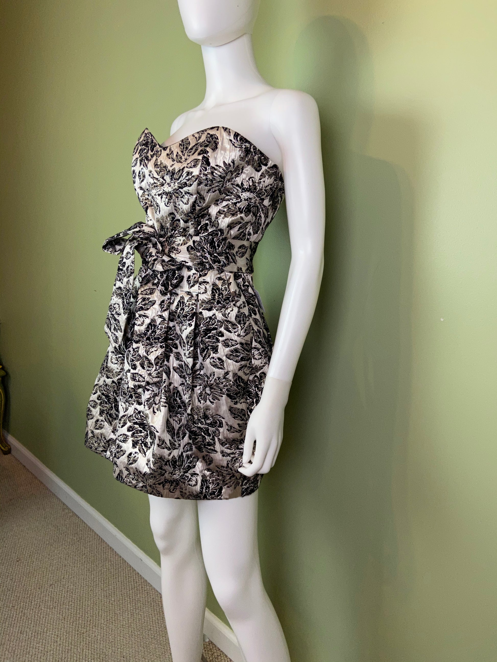 Silver Lame Black Floral Strapless Bustier Bubble Dress Abby Essie