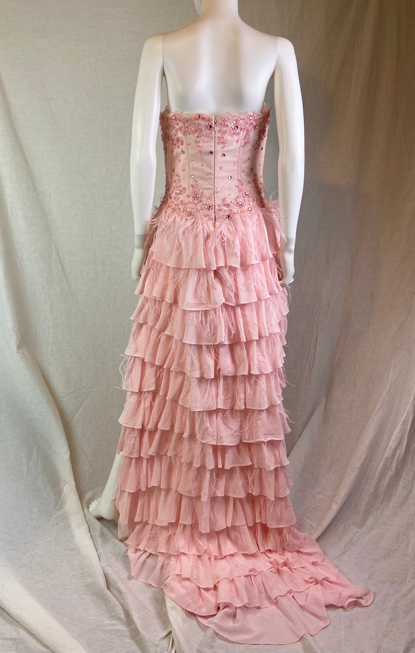 Pink Bustier Rhinestone Feather Boa Ruffle Gown