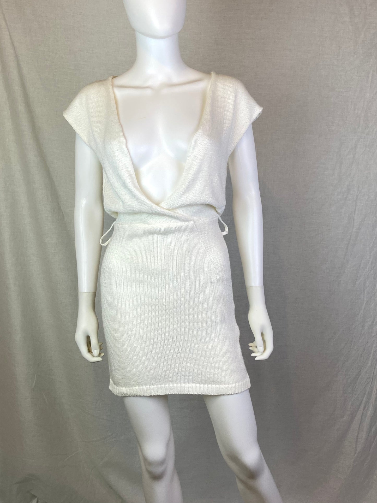 Rinascimento White Knit Plunge Sweater Mini Dress ABBY ESSIE STUDIOS