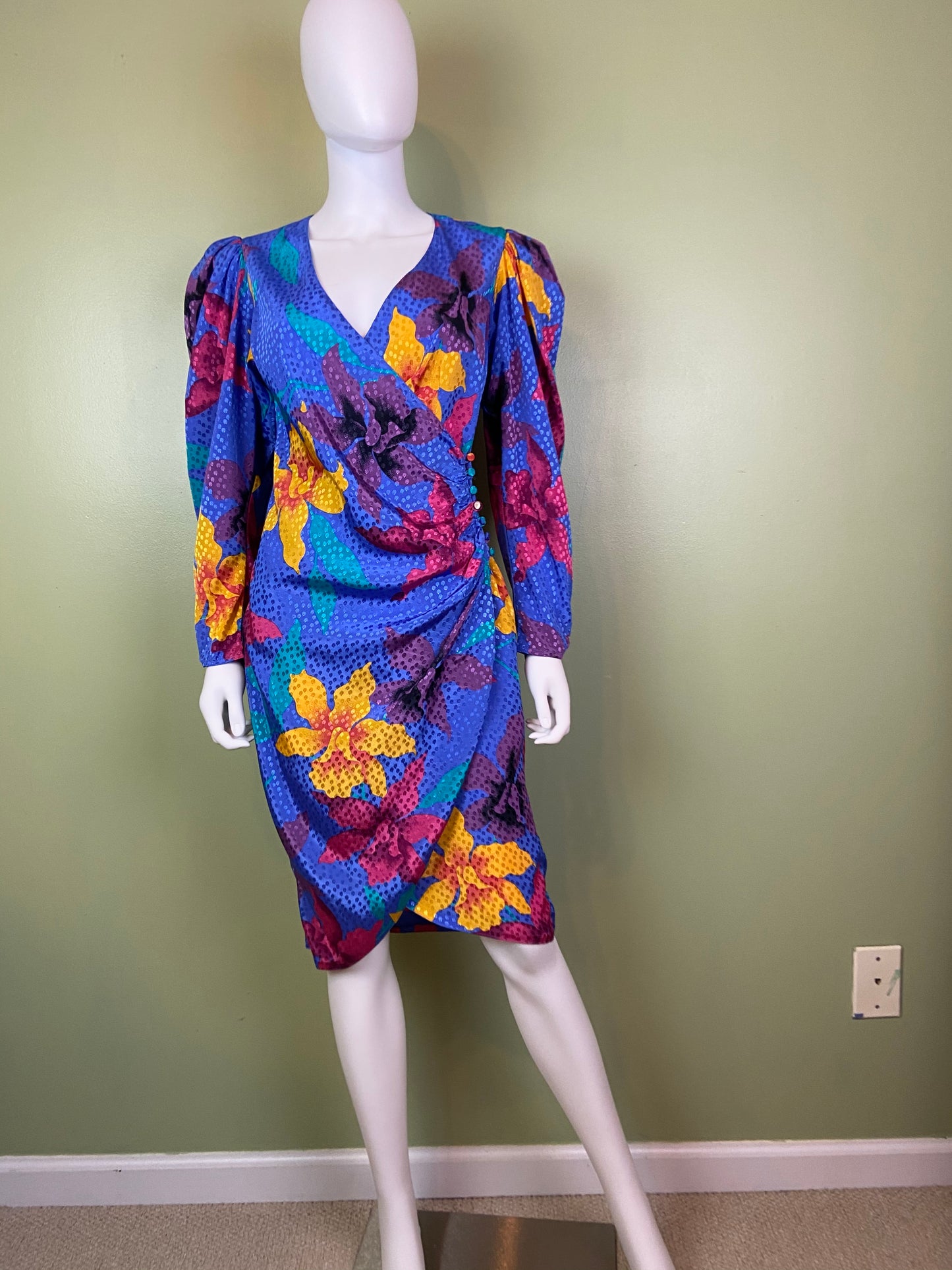 Vintage Silky Blue Floral Wrap Dress ABBY ESSIE Designer & Vintage