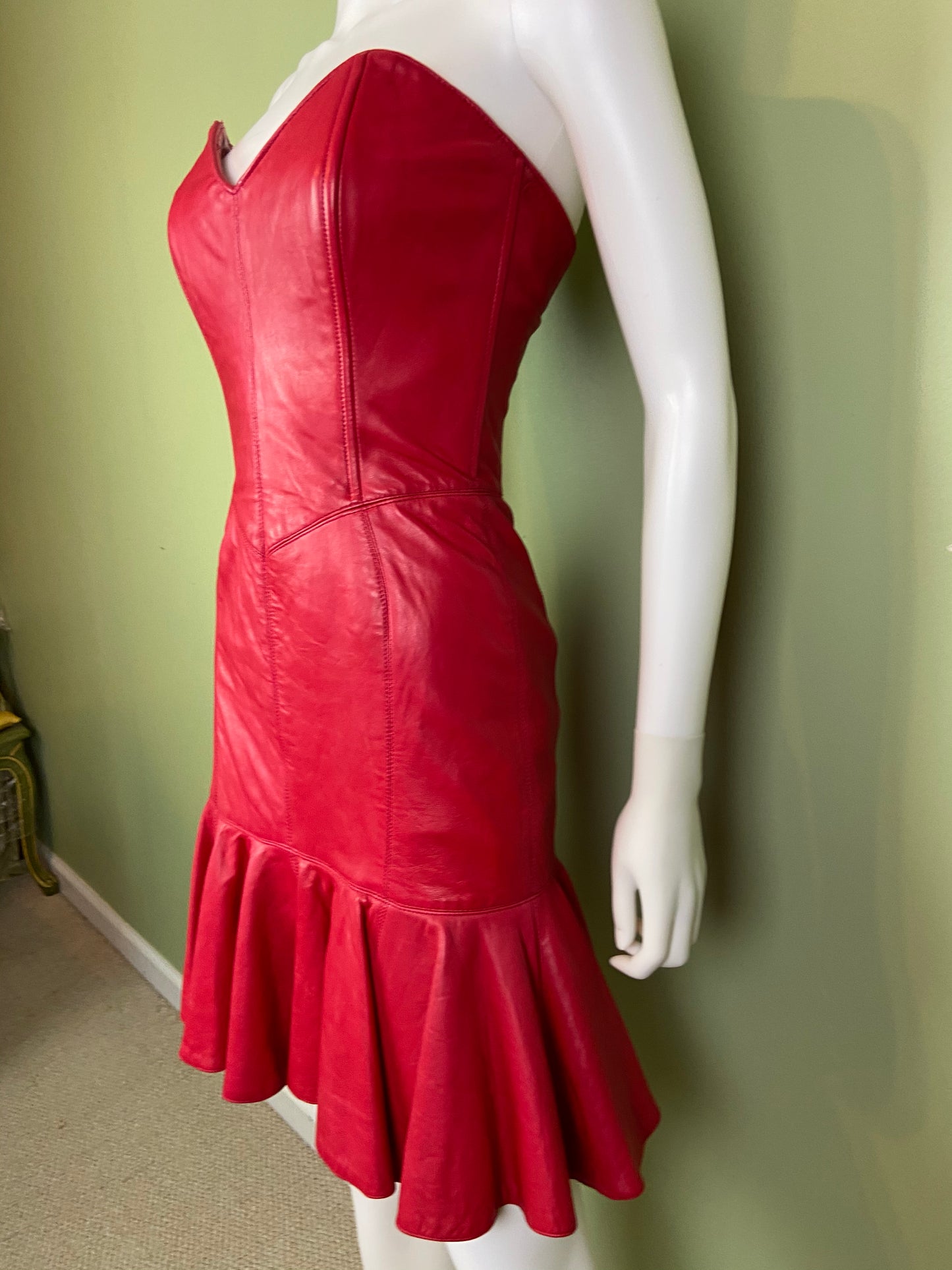 [SOLD] Vintage Michael Hoban Red Leather Bustier Ruffle Mini Dress