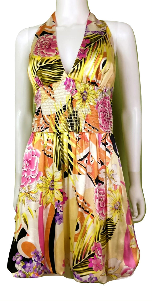 Silk Plunge Halter Gold Yellow Cache Halter Bubble Mini Dress Abby Essie