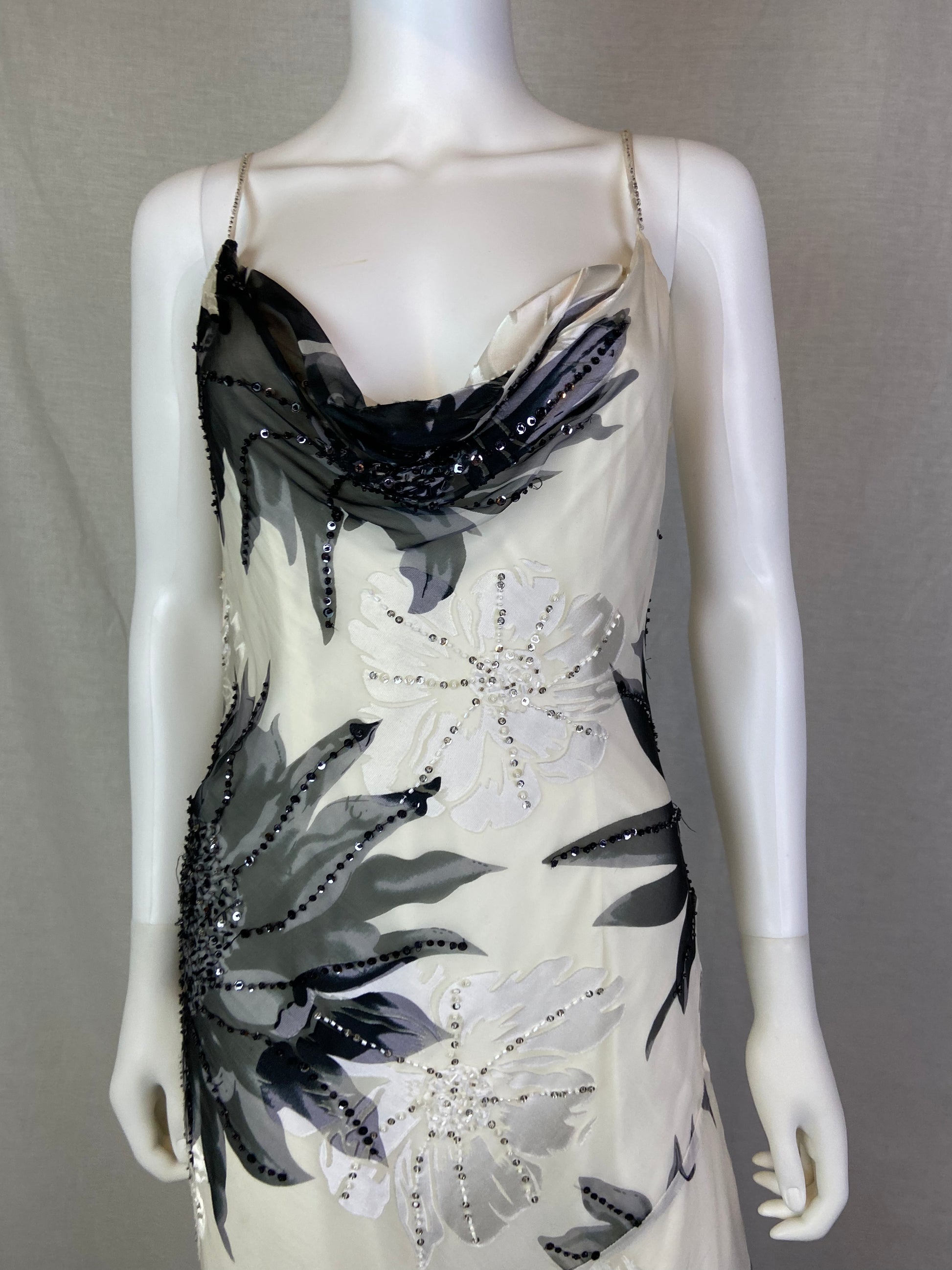 Cache Beaded White Black Floral Silk Gown ABBY ESSIE STUDIOS