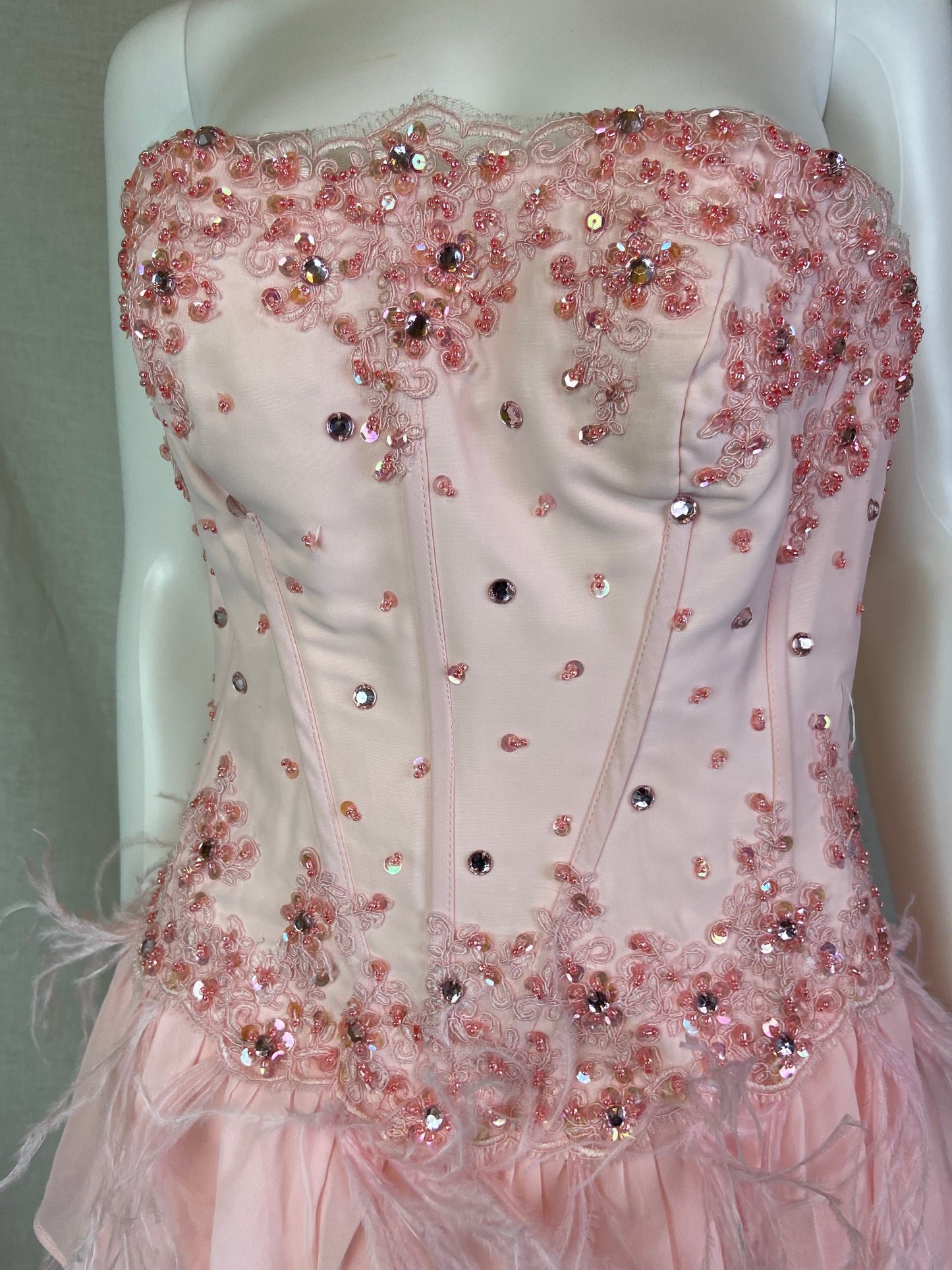 Pink Bustier Rhinestone Feather Boa Ruffle Gown