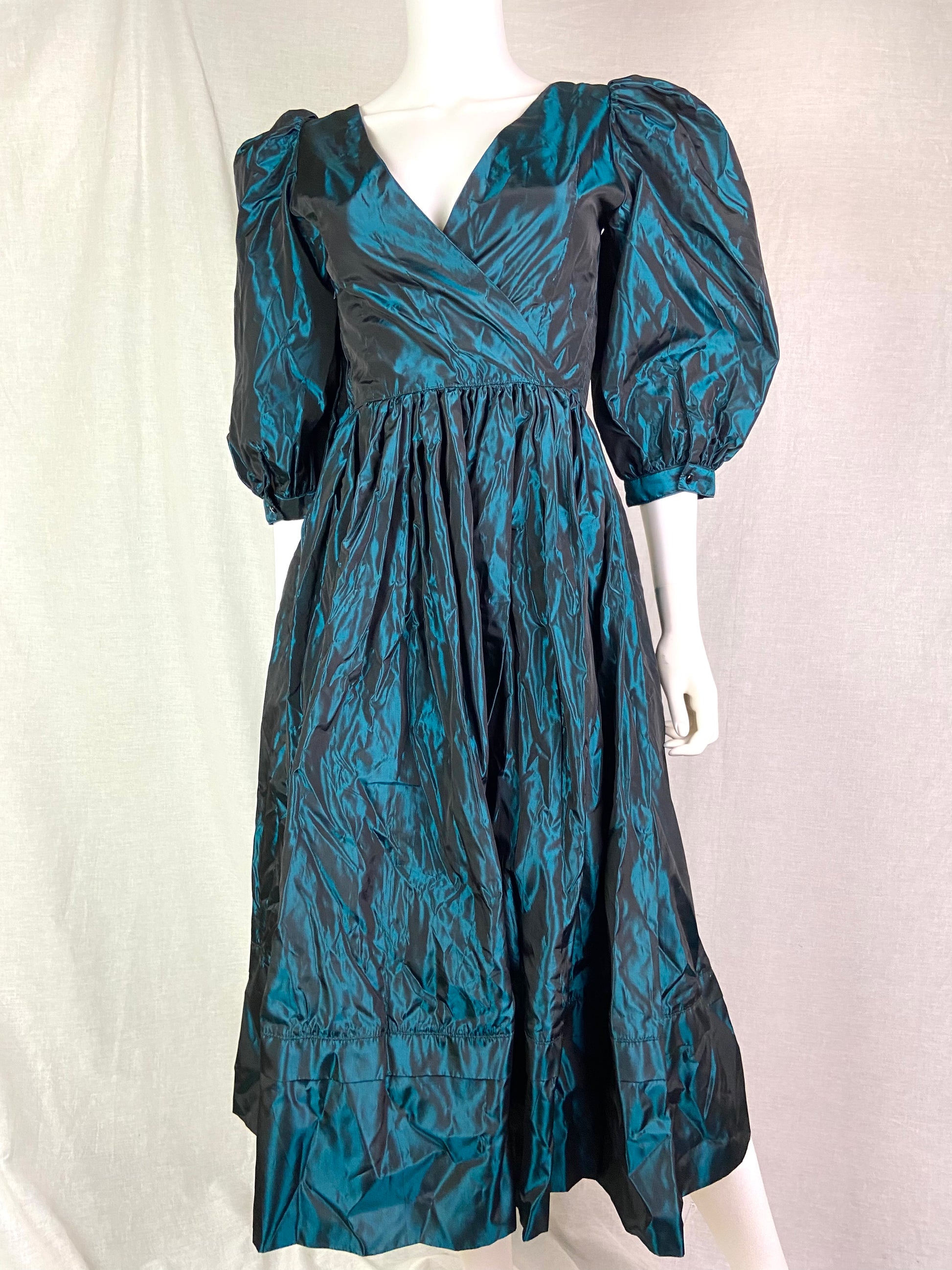 Vintage Laura Ashley Emerald Green Metallic Wrap Princess Gown Dress ABBY ESSIE STUDIOS