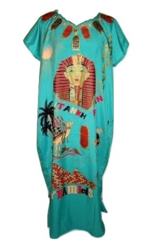 Vintage Turquoise Gold King Tut Sheath Dress Caftan Abby Essie