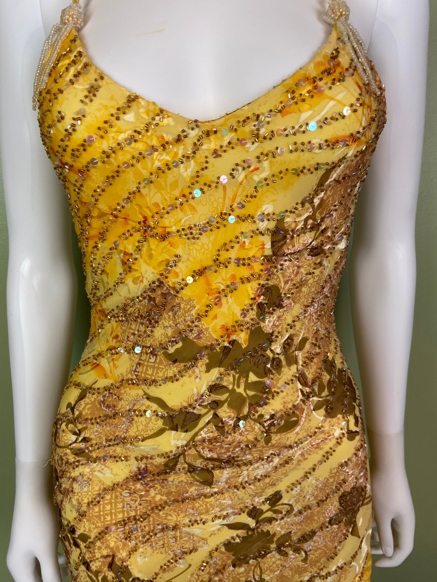[SOLD] Ethereal Floral Festival Beaded Sequin Yellow Silk Maxi Dress