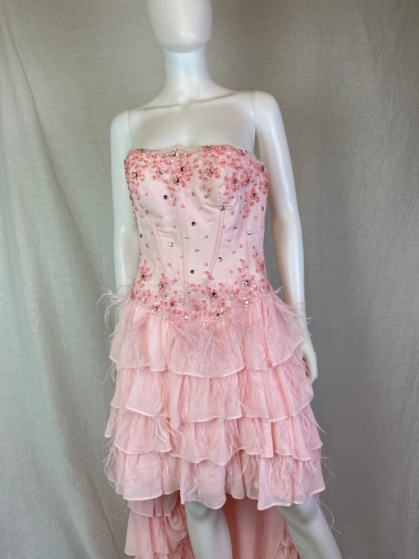 Pink Bustier Rhinestone Feather Boa Ruffle Gown ABBY ESSIE STUDIOS