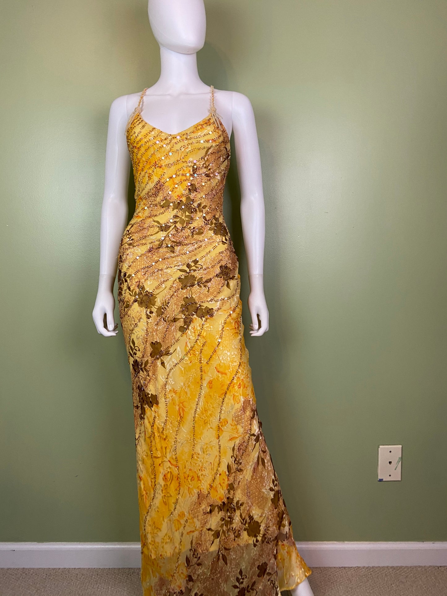 [SOLD] Ethereal Floral Festival Beaded Sequin Yellow Silk Maxi Dress