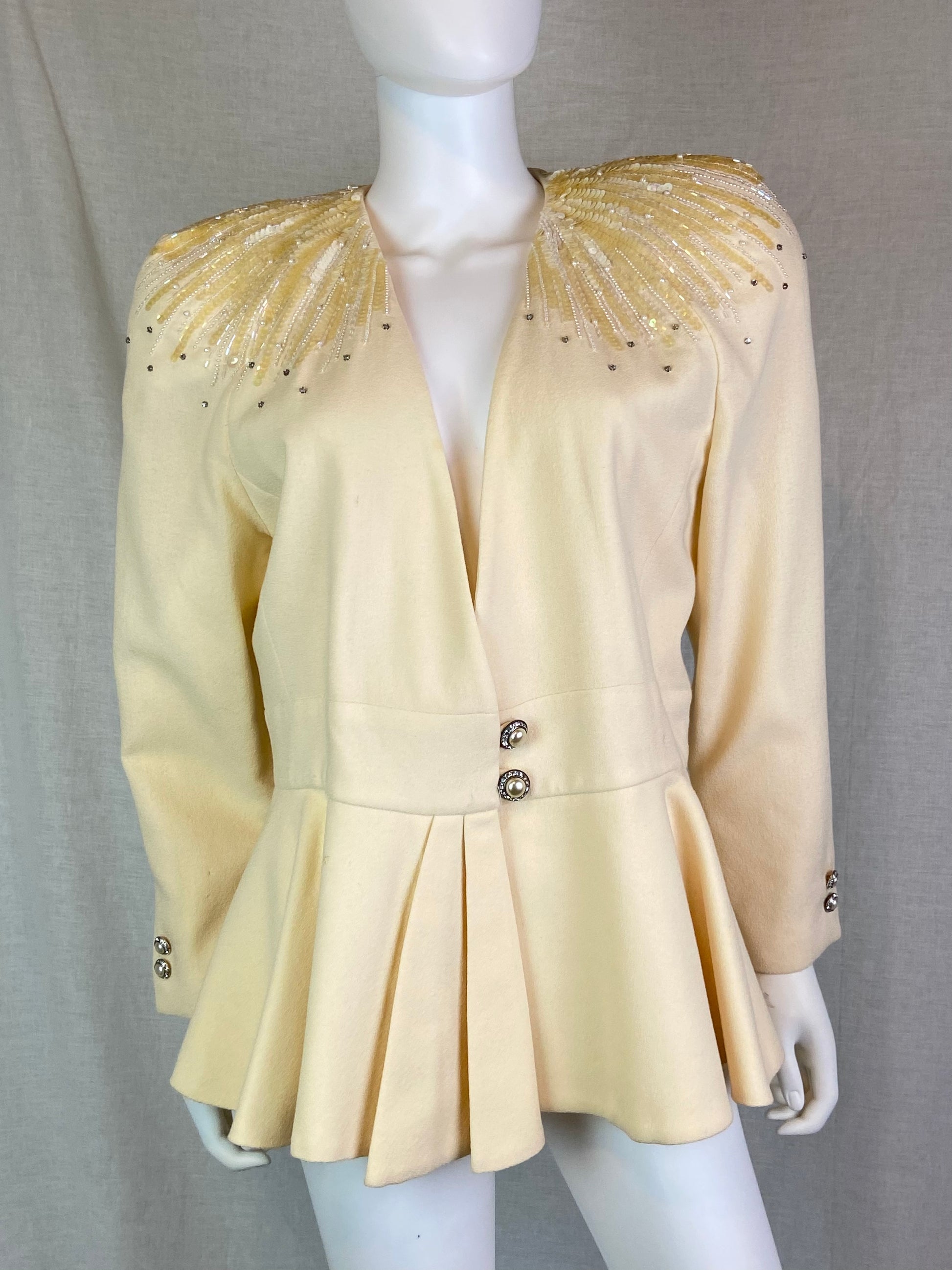 Nolan Miller Cream White Sequin Beaded Rhinestone Wool Blazer ABBY ESSIE STUDIOS