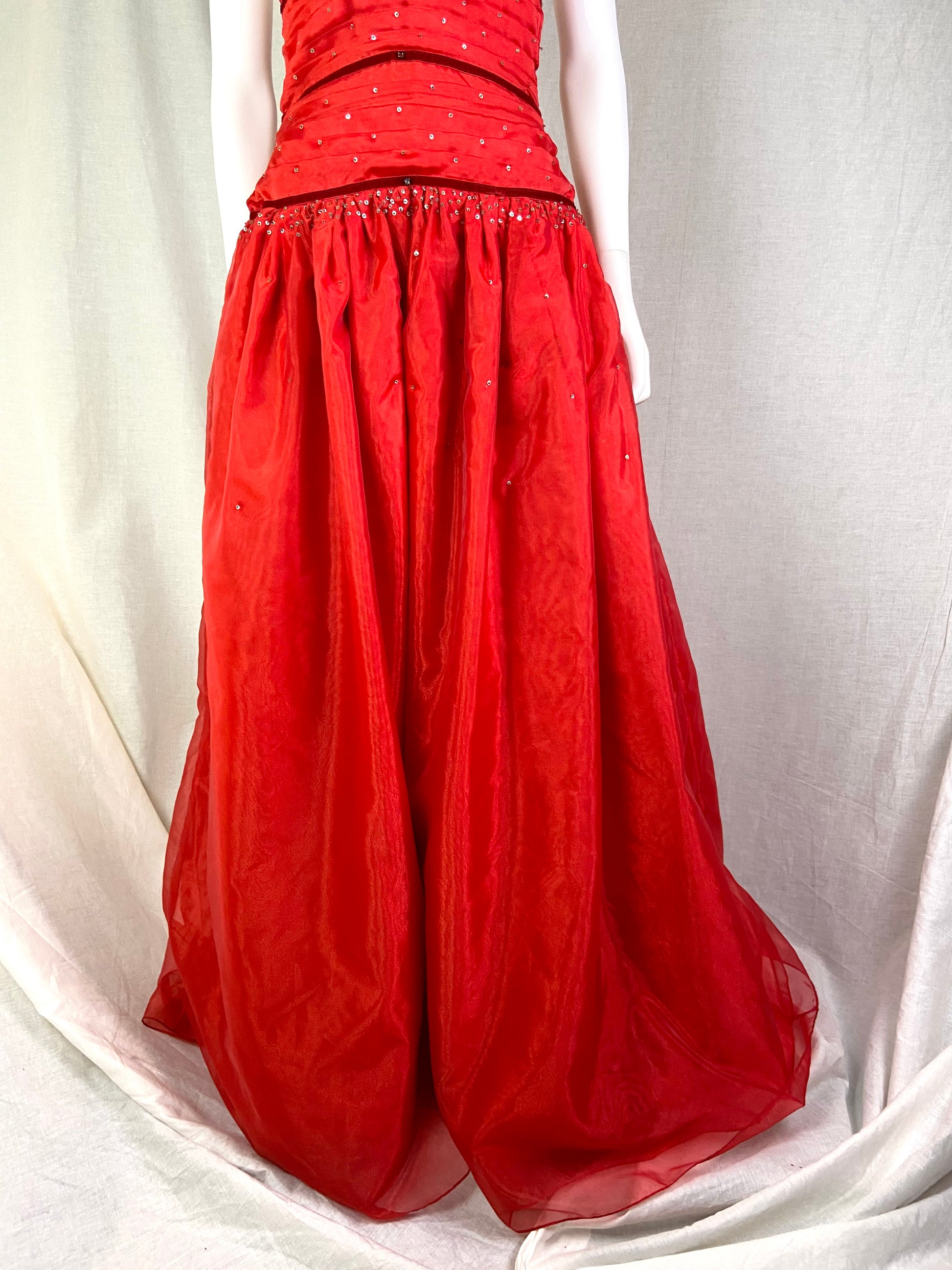 Beutifly Red Satin Rhinestone Ruche Gown ABBY ESSIE STUDIOS