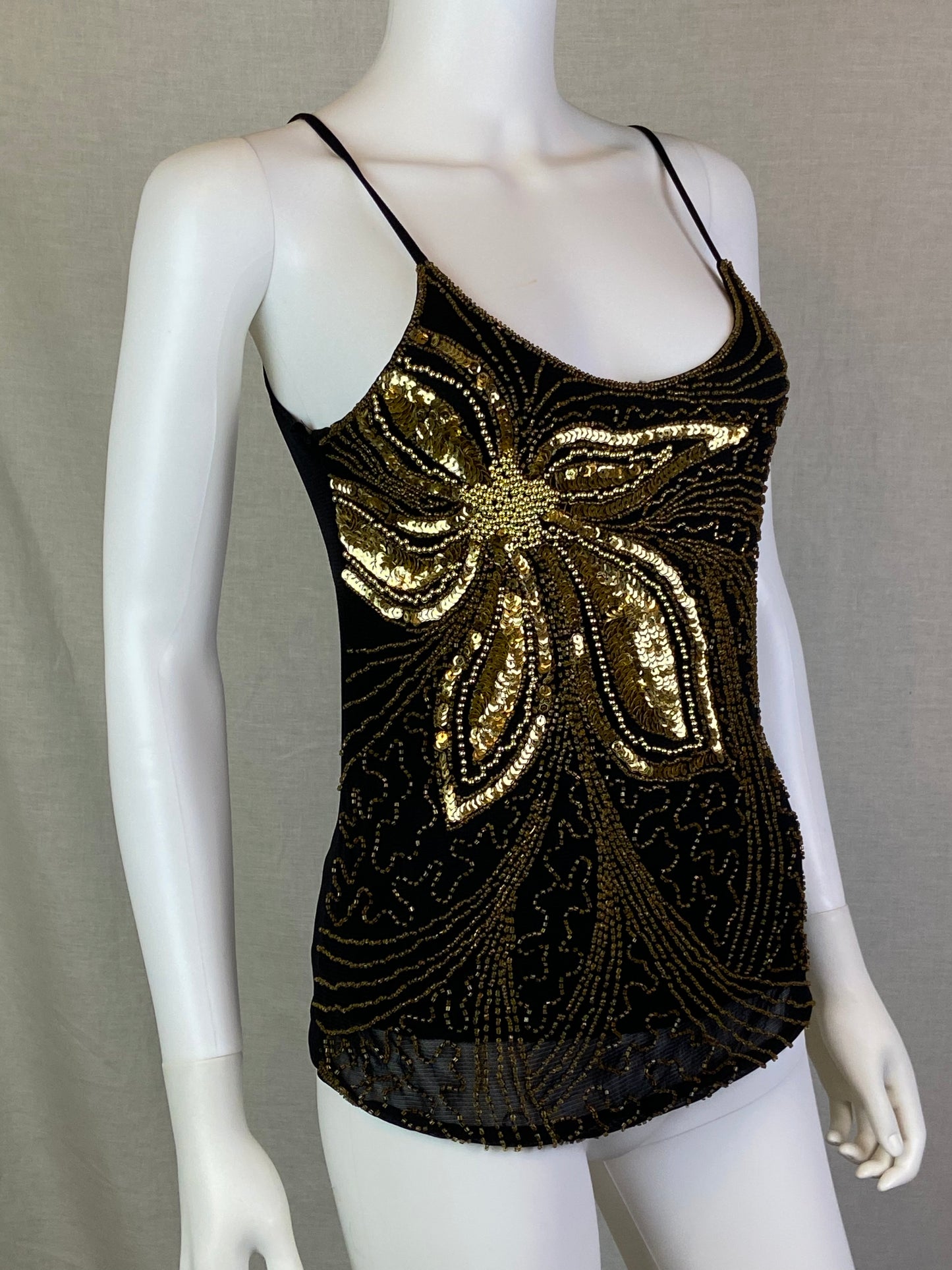 Extreme Black Gold Sequin Floral Tank NWT