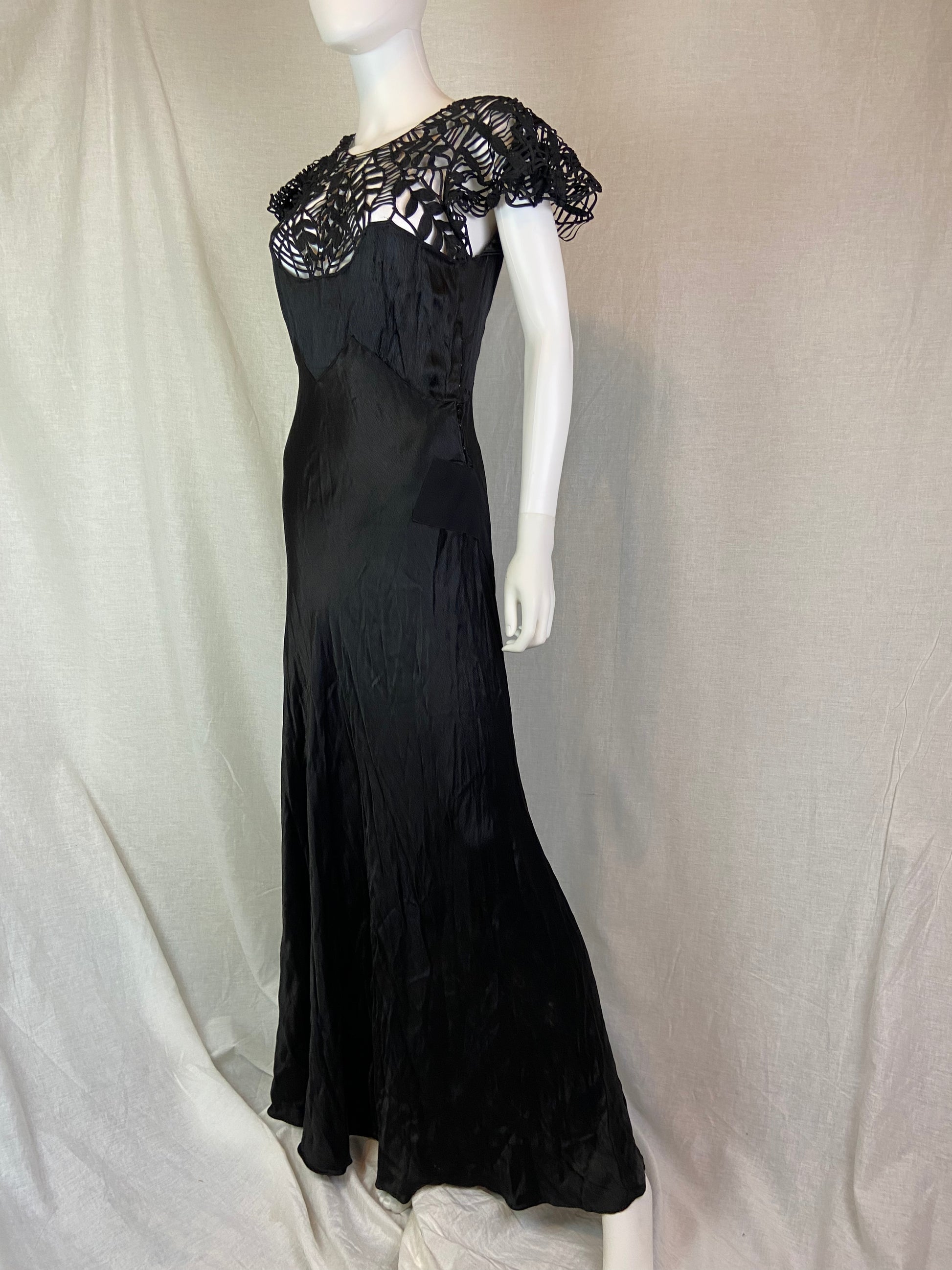 Antique Black Woven Lace Silk Bias Gown ABBY ESSIE STUDIOS