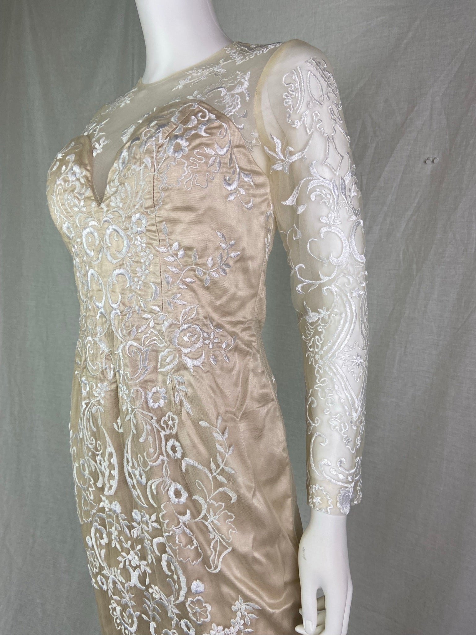 Vtg Champagne Cream Beige Embroidered Sheer Satin Wedding Gown ABBY ESSIE STUDIOS