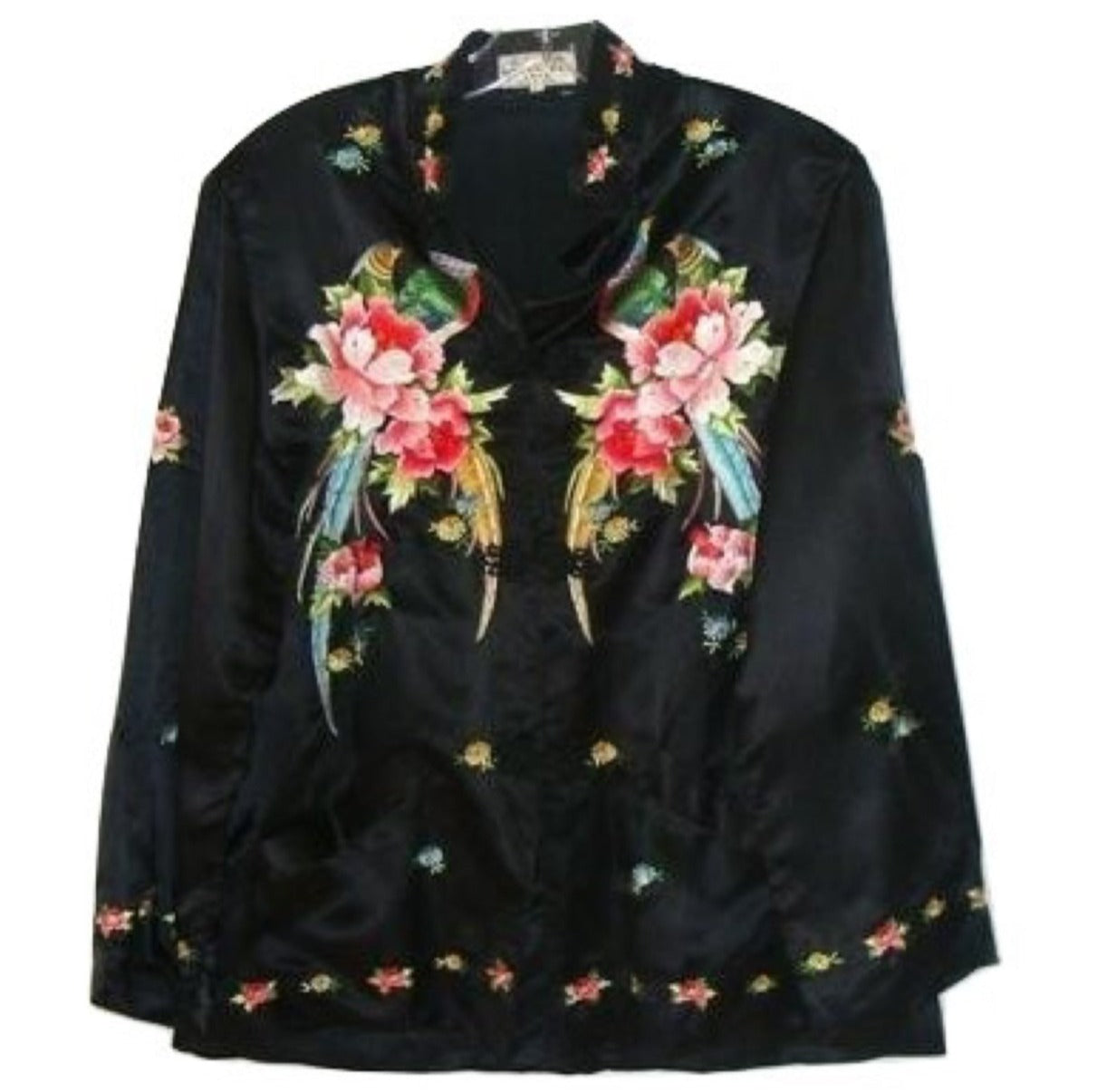 Vintage Embroidered Black Silk Satin Floral Birds Cocktail Jacket Abby Essie