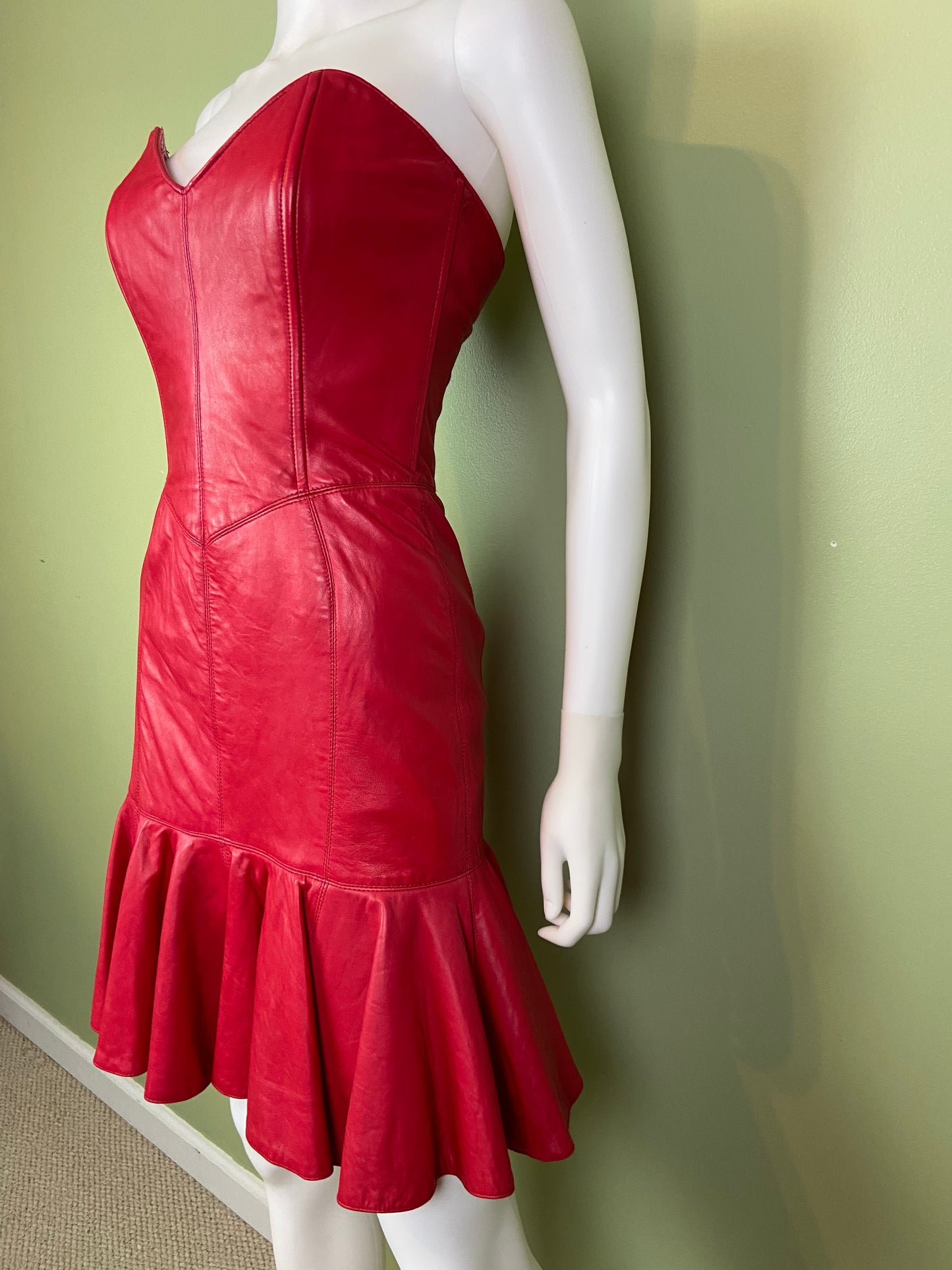 [SOLD] Vintage Michael Hoban Red Leather Bustier Ruffle Mini Dress
