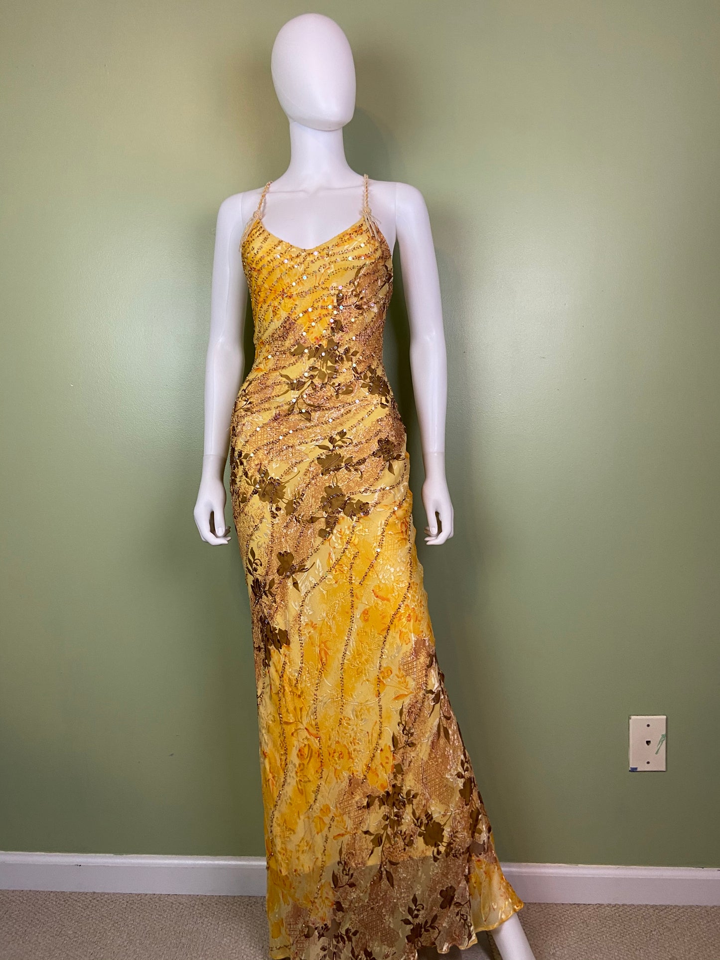 [SOLD] Ethereal Floral Festival Beaded Sequin Yellow Silk Maxi Dress