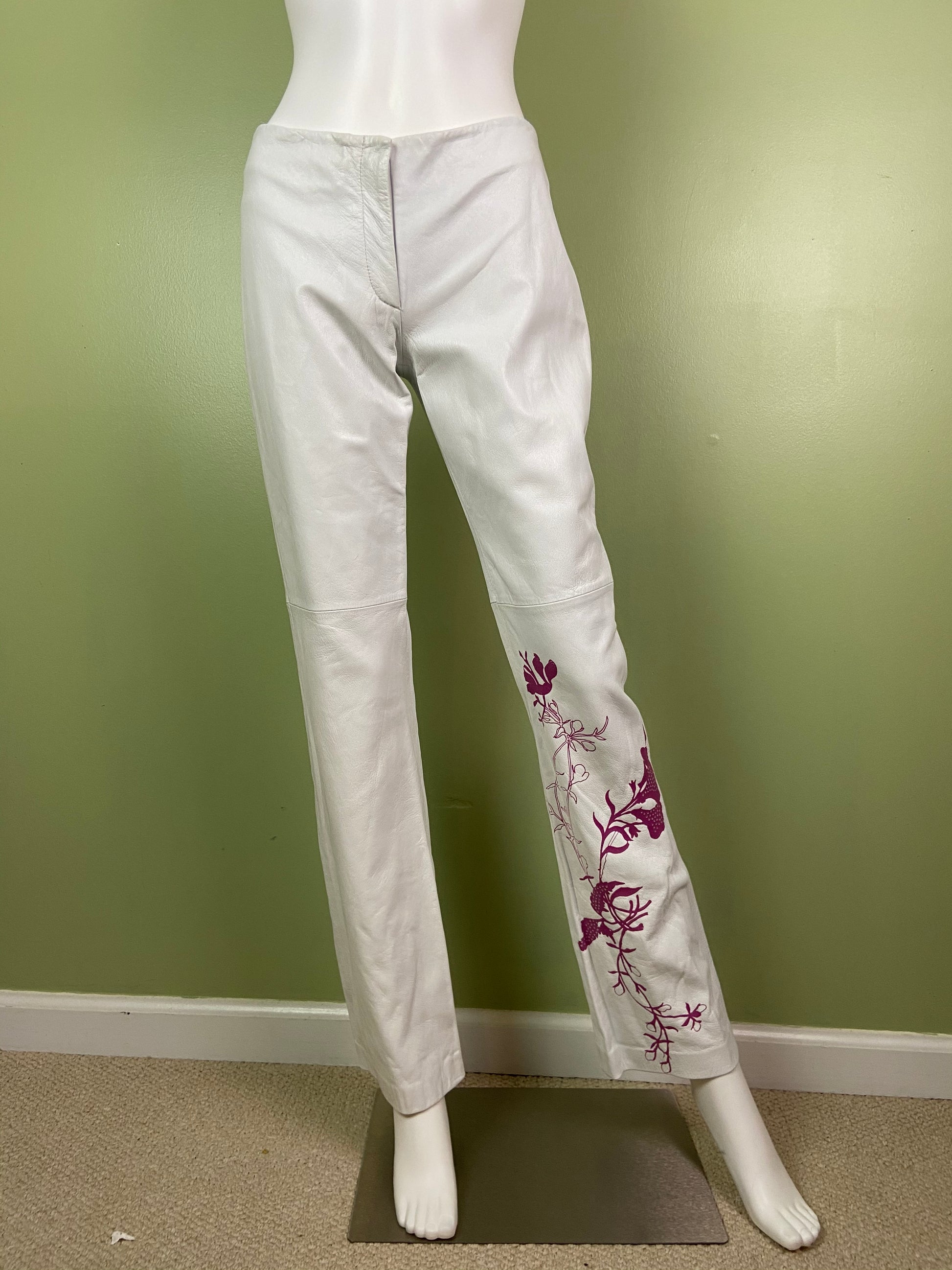 Vintage White Lambskin Leather Pink Graphic Print Pants Abby Essie