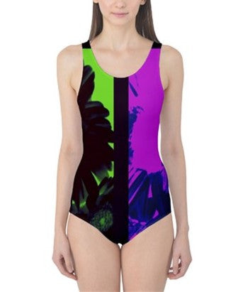 Suga Lane Floral Deviant Purple Green Black Racer Back One Piece Swimsuit ABBY ESSIE