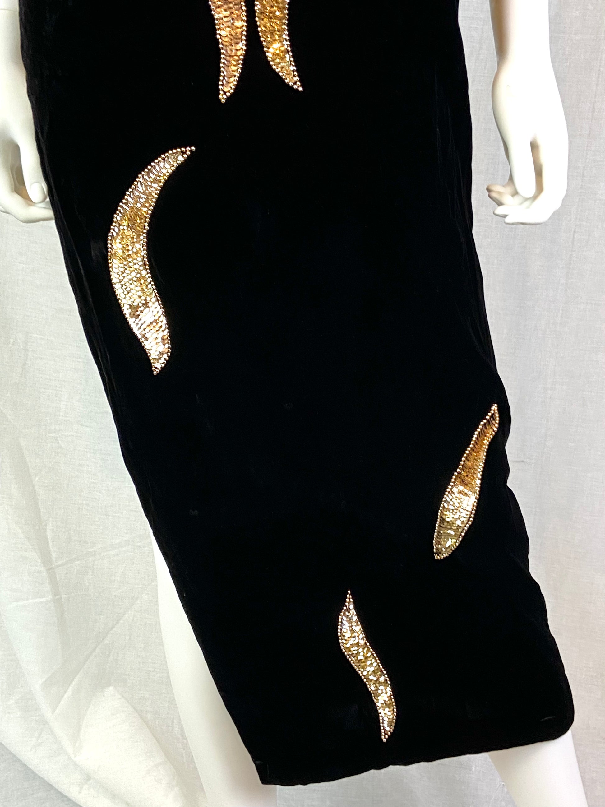 Vtg Black Velvet Gold Sequin Column Gown ABBY ESSIE STUDIOS