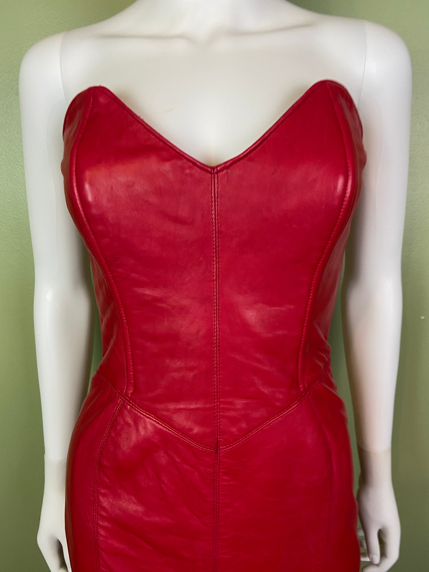 [SOLD] Vintage Michael Hoban Red Leather Bustier Ruffle Mini Dress