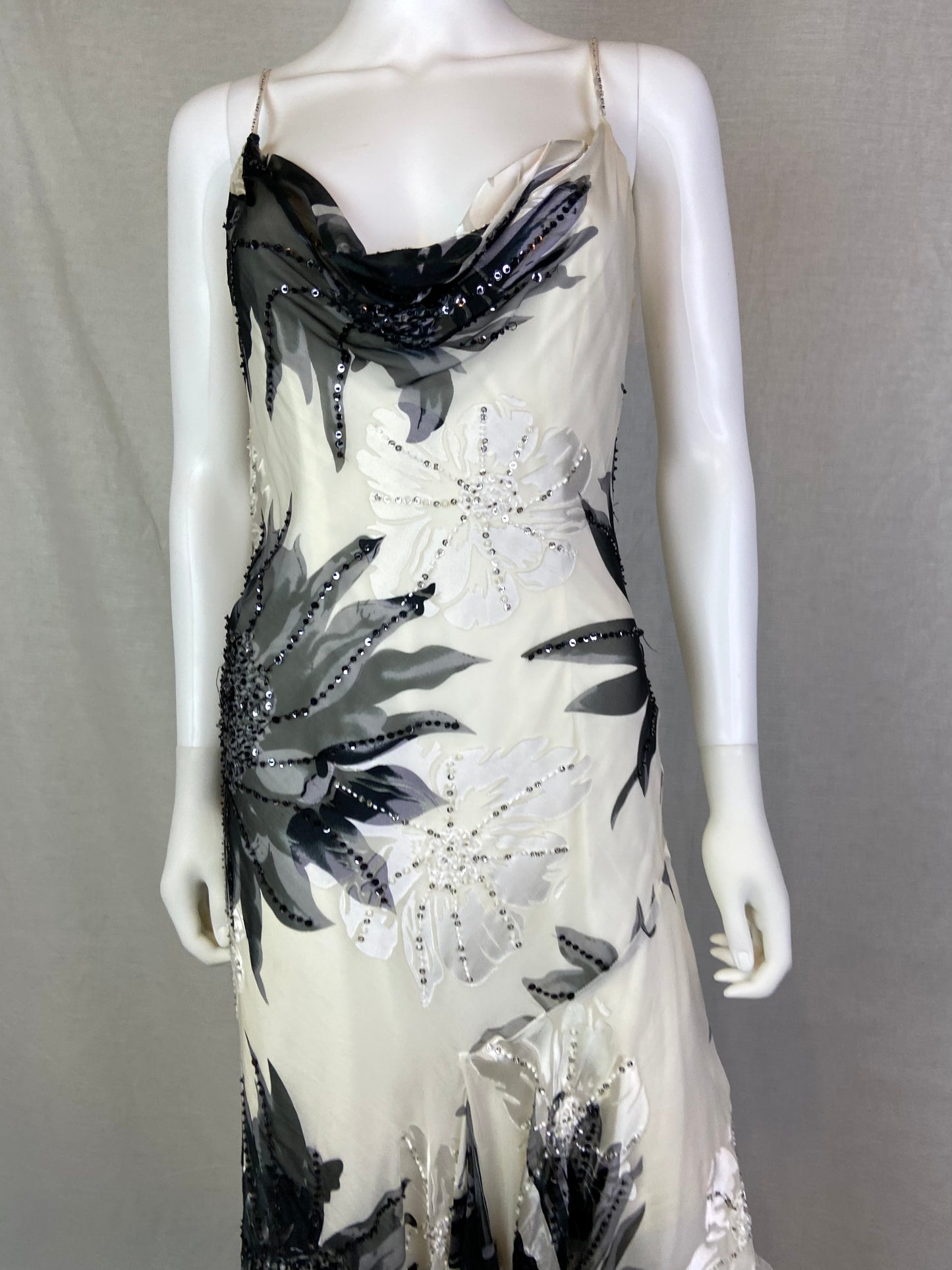 Cache Beaded White Black Floral Silk Gown ABBY ESSIE STUDIOS