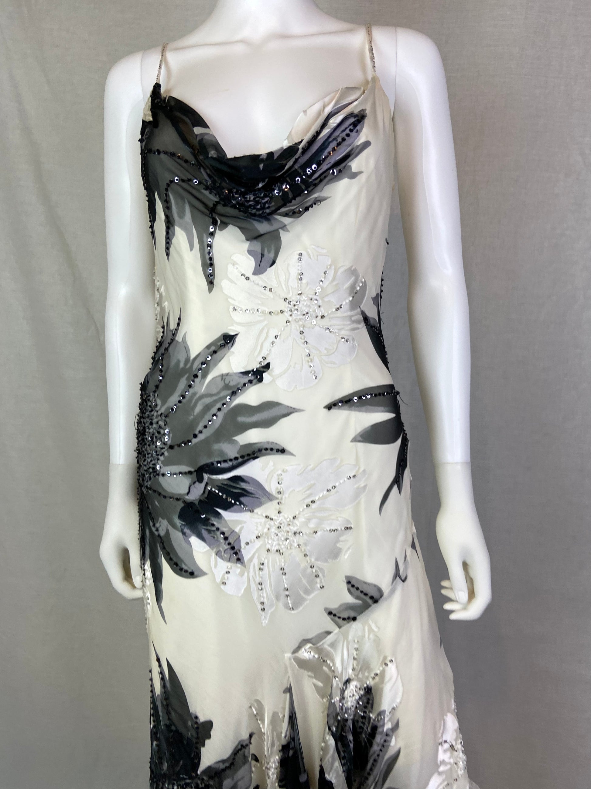 Cache Beaded White Black Floral Silk Gown ABBY ESSIE STUDIOS