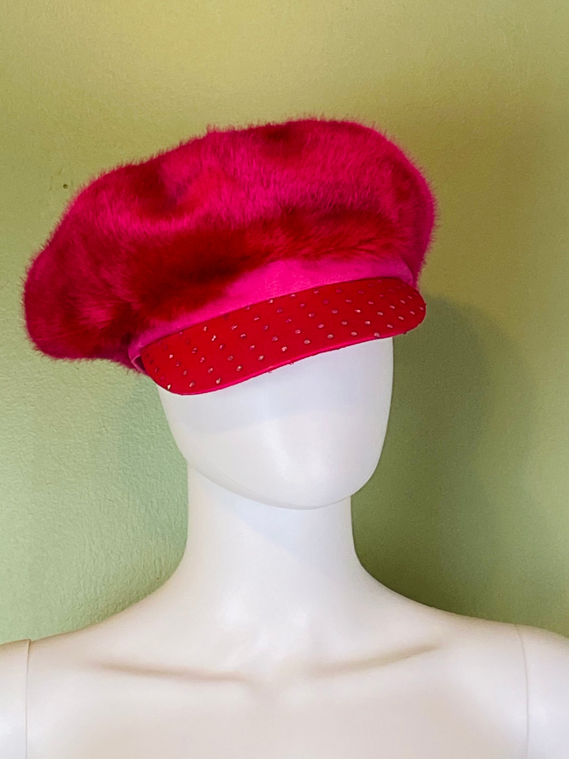 Hot Pink Faux Fur Bejeweled Rhinestone Cap Hat ABBY ESSIE Designer & Vintage