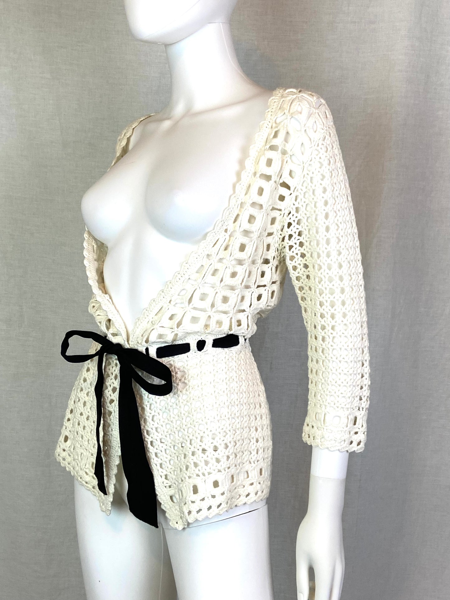 Sharon Young Cream White Knit Lace Sweater Coverup Small