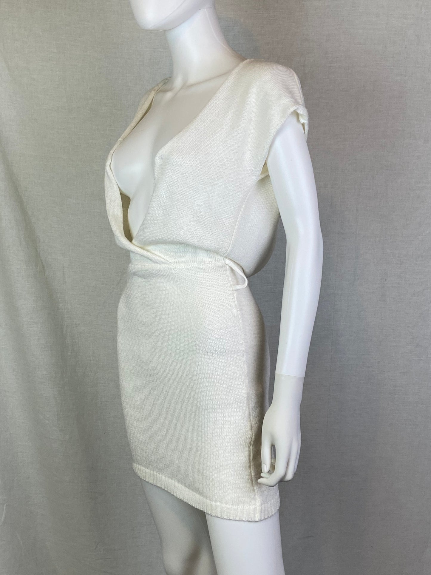 Rinascimento White Knit Plunge Sweater Mini Dress