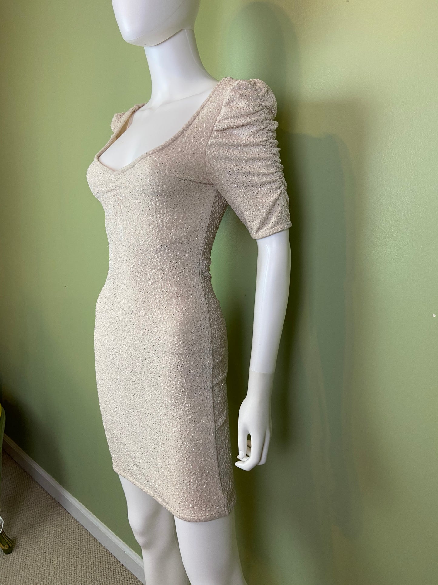 Glittery Beige Textured Stretch Cocktail Dress