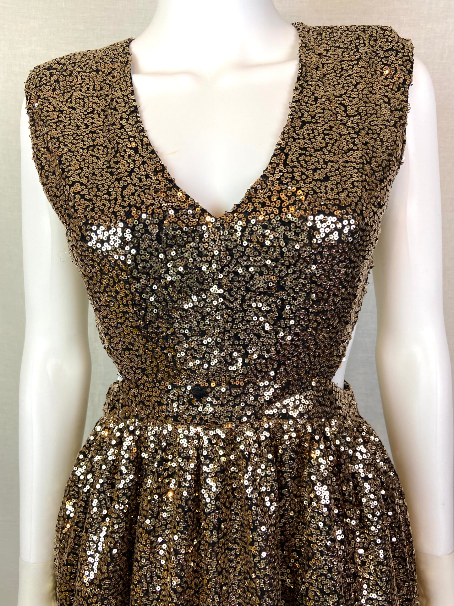 Gold Bronze Sequin Cut Out Dress ABBY ESSIE STUDIOS