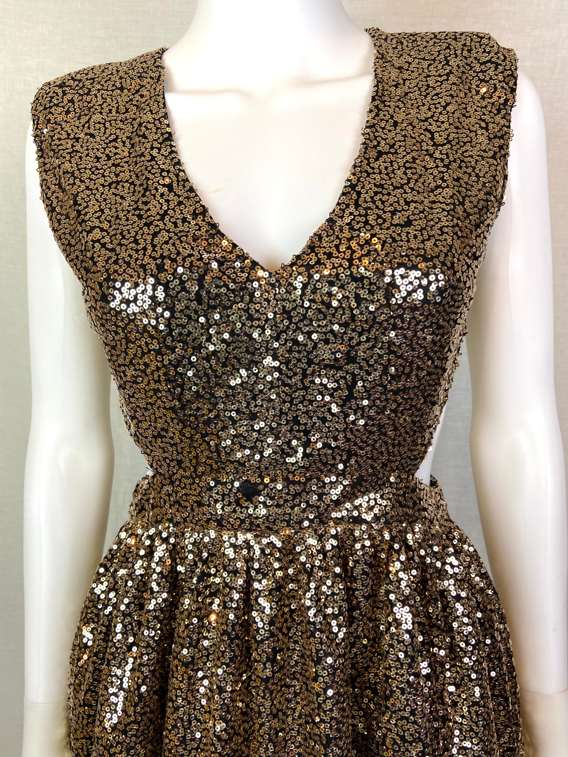 Gold Bronze Sequin Cut Out Dress ABBY ESSIE STUDIOS