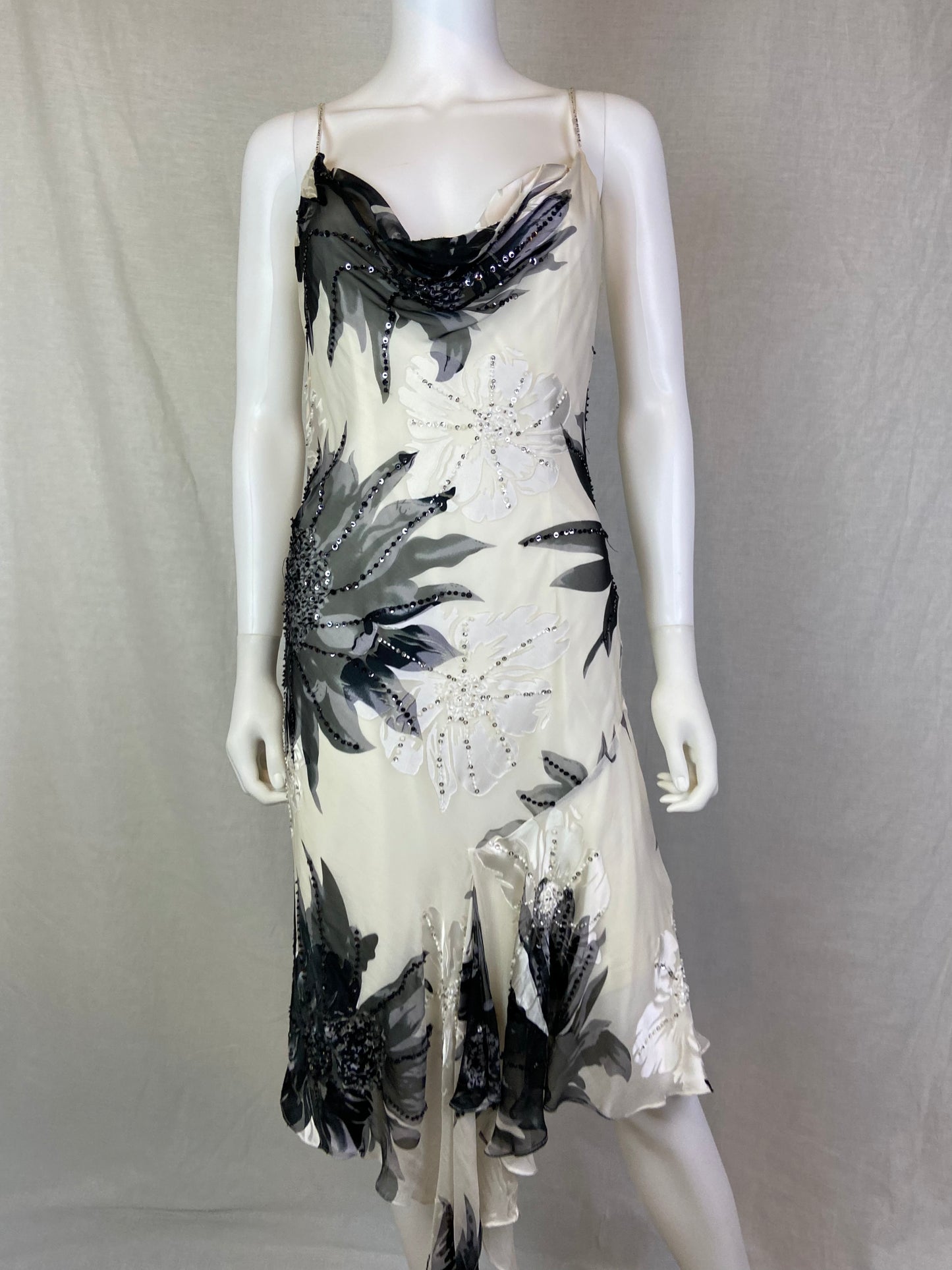 Cache Beaded White Black Floral Silk Gown ABBY ESSIE STUDIOS