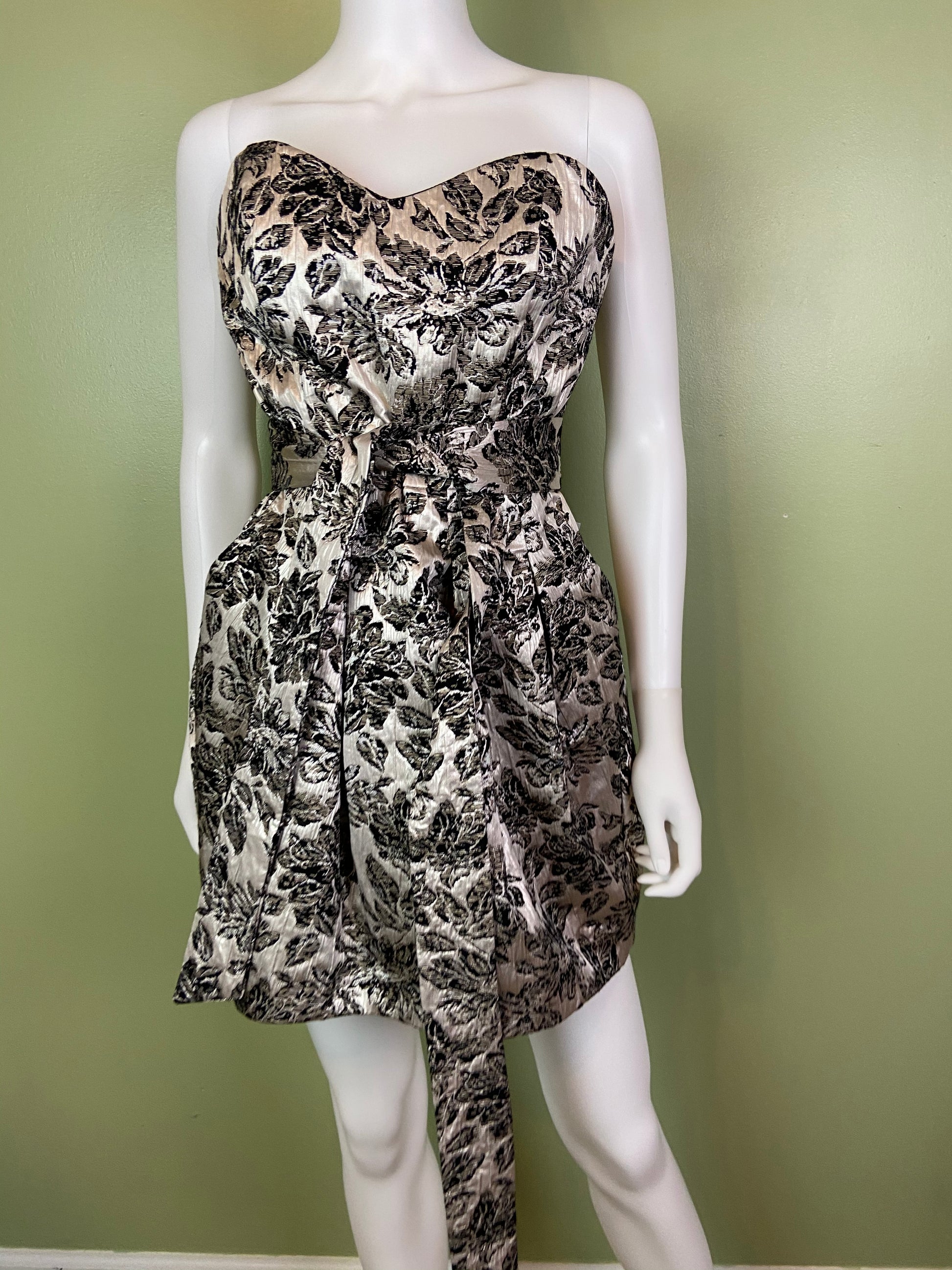 Silver Lame Black Floral Strapless Bustier Bubble Dress Abby Essie
