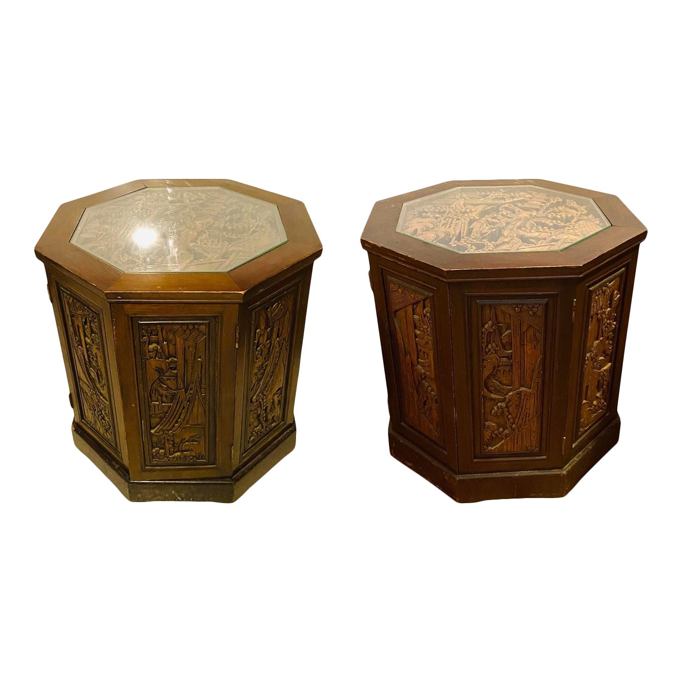 Ornate Asian Carved Wood Hexagon Cabinets Tables Glass Top - Pair of 2