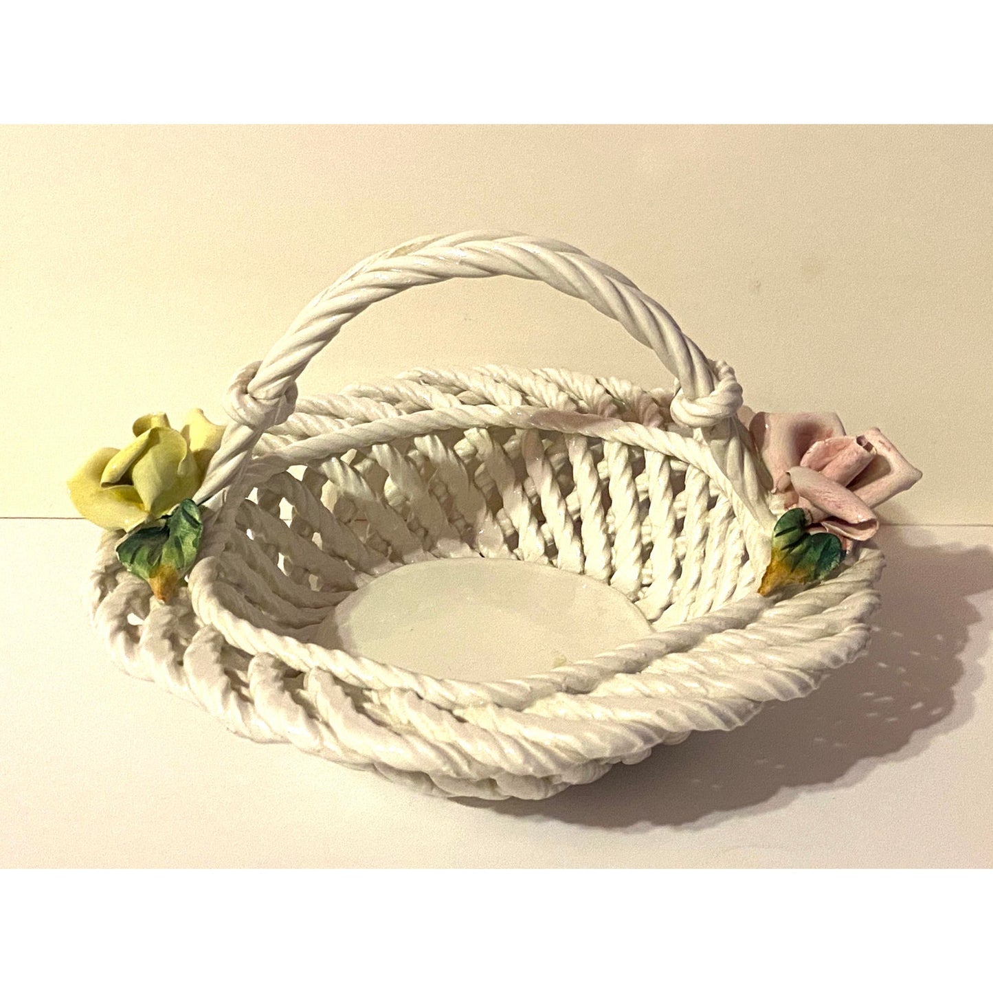 1940s Vintage Hand Painted Floral Italian Ceramic Basket