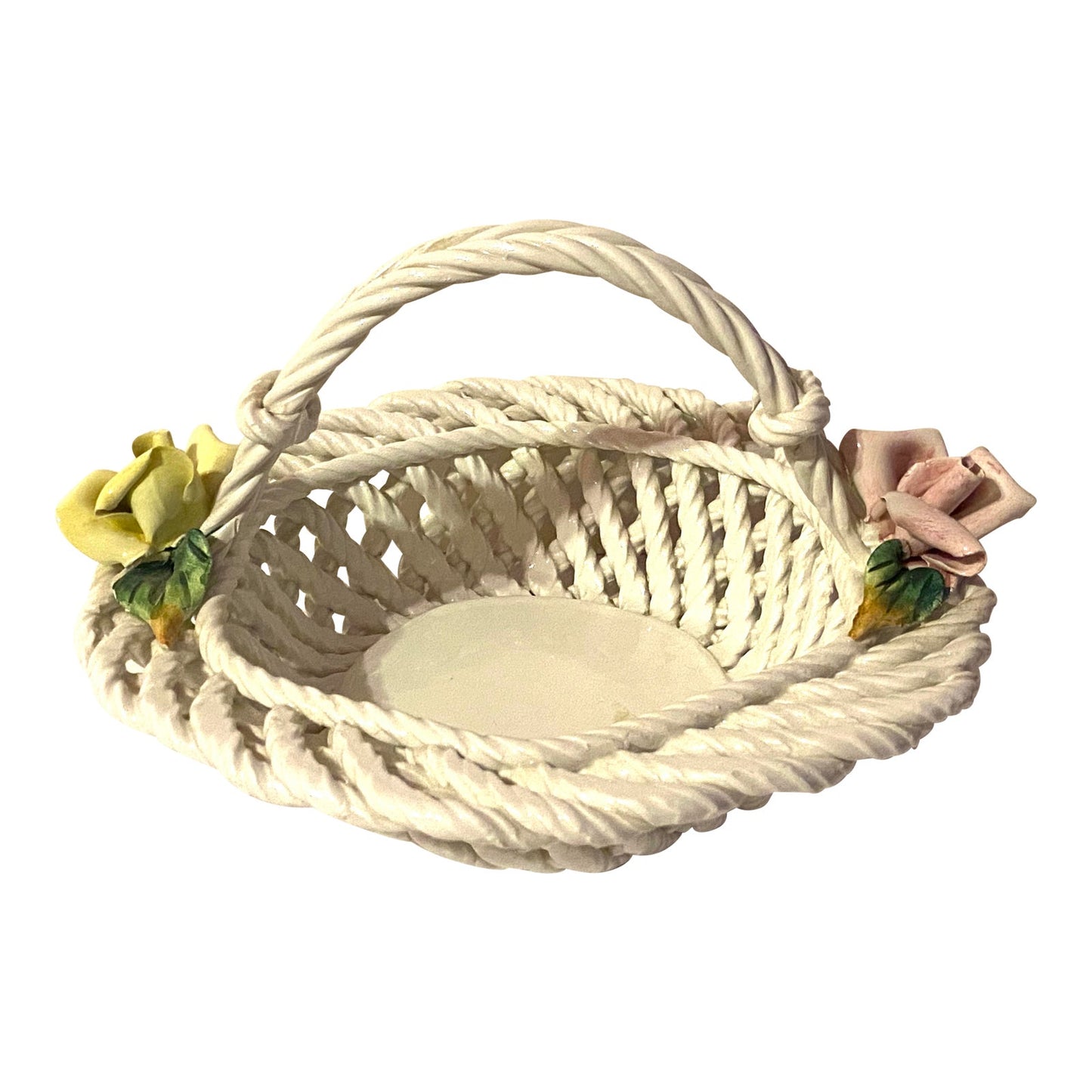 1940s Vintage Hand Painted Floral Italian Ceramic Basket
