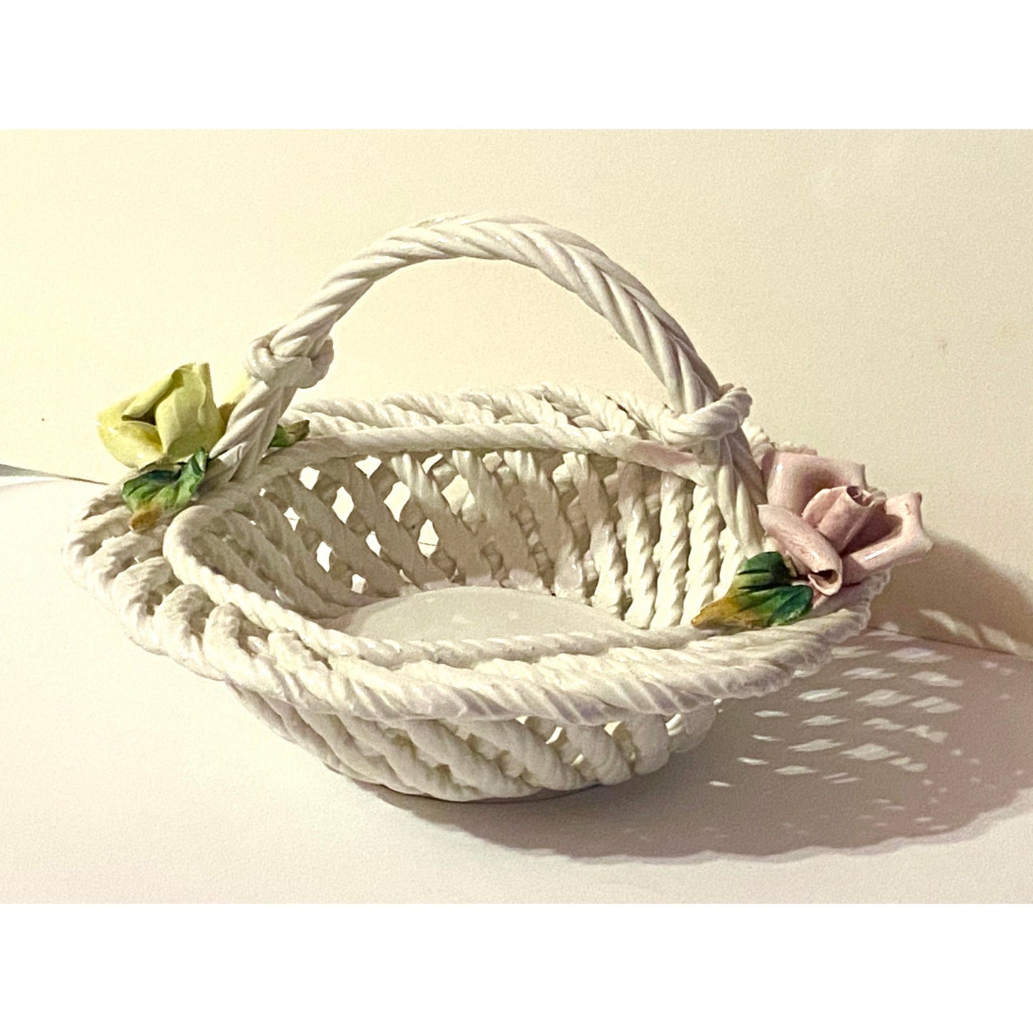 1940s Vintage Hand Painted Floral Italian Ceramic Basket